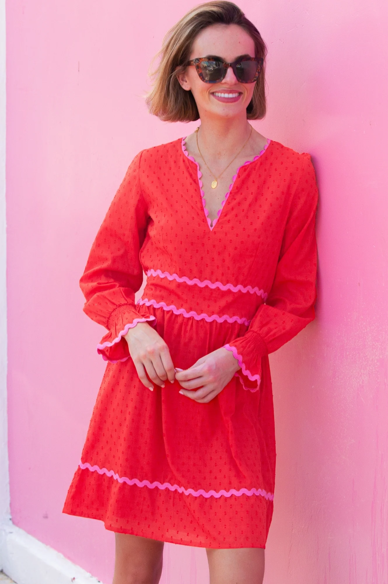 Short Purdie Organic Cotton Ric Rac Dobby Dress | Red/Pink