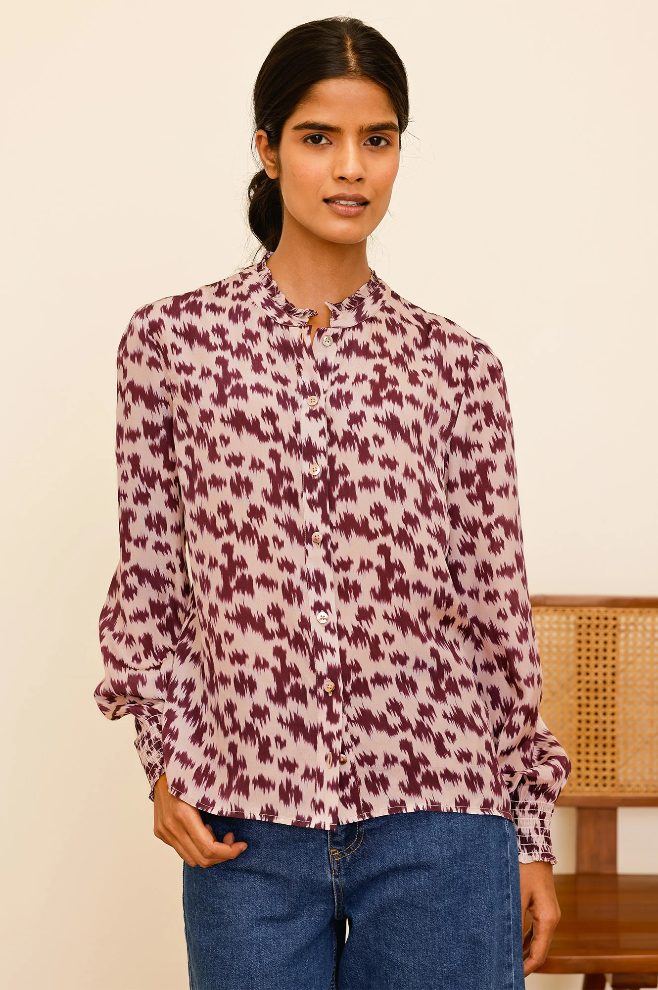 Cosima Viscose Crepe Printed Shirt | Animal Ikat Fig
