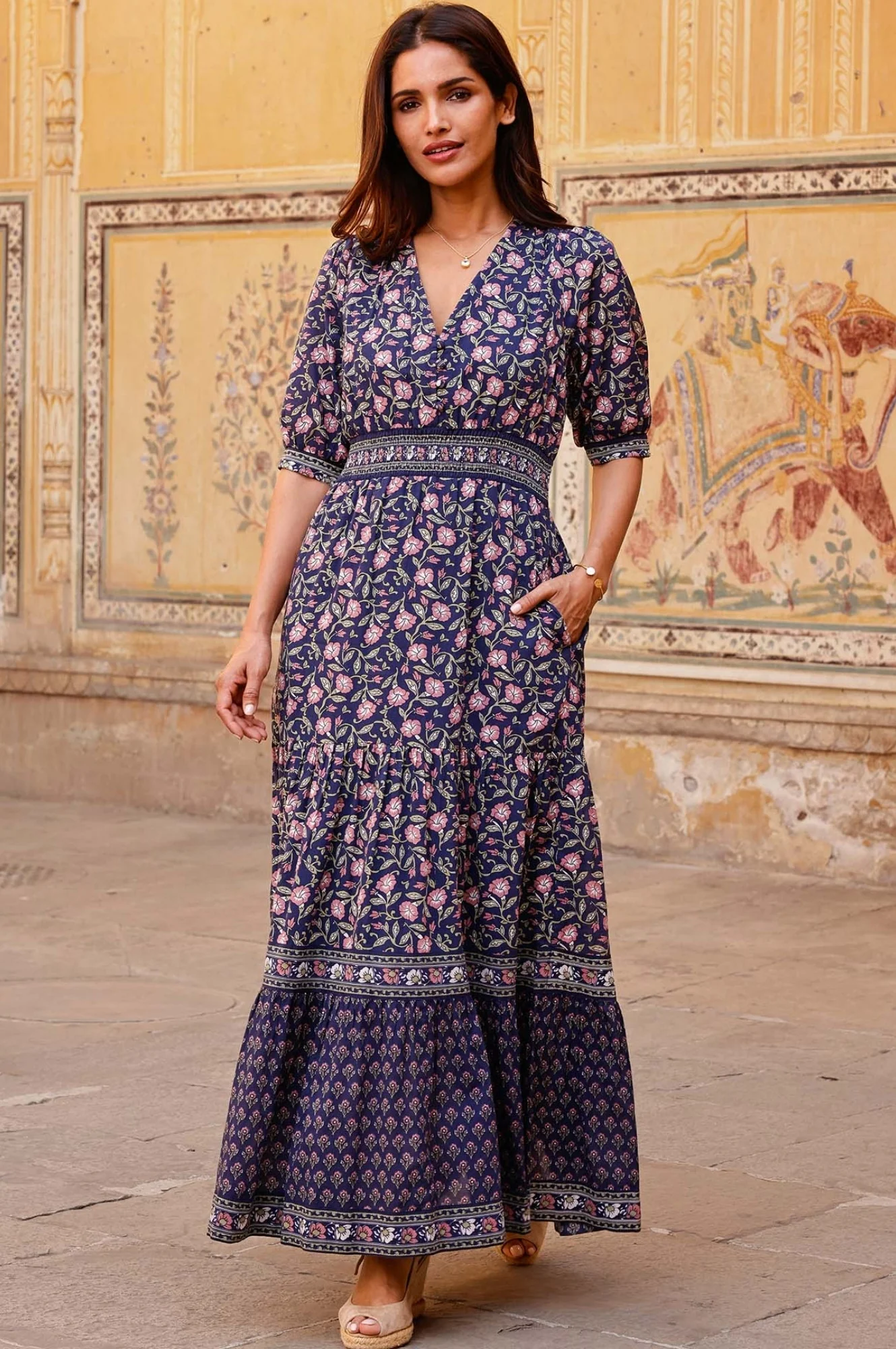 Billie Short Sleeve Organic Cotton Dress | Primrose Stamp Navy/Pink