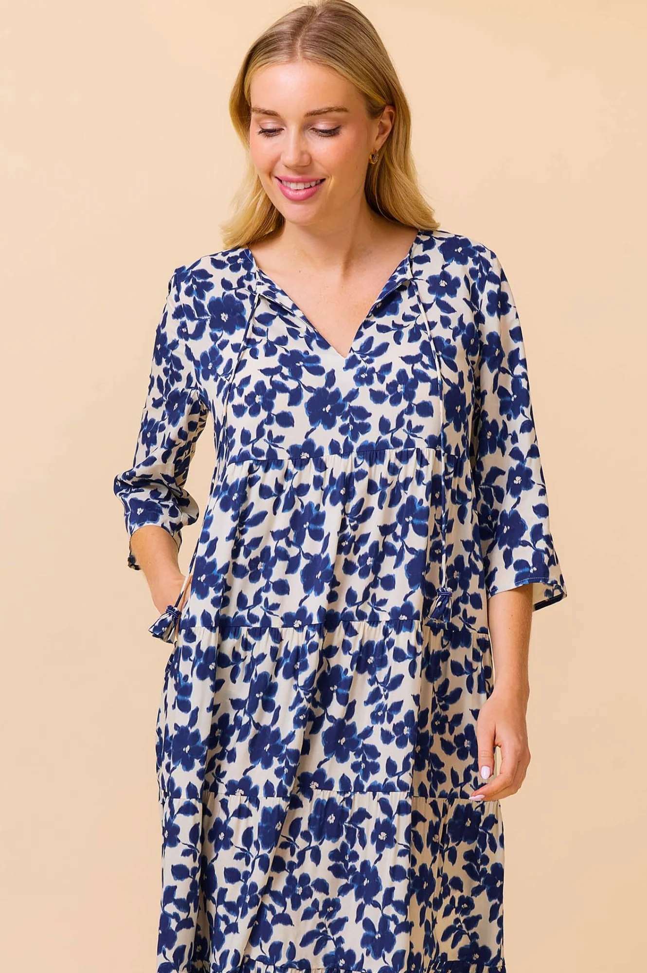 Emma EcoVero™ Midi Dress | Blossom Cream/Navy