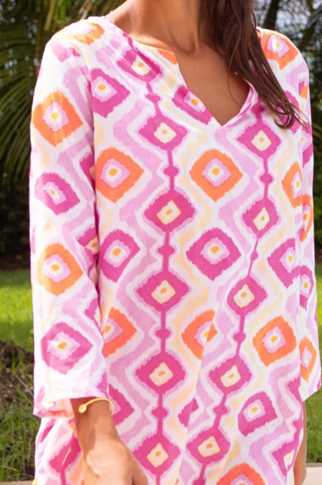 Guadalupe Organic Cotton Short Tunic | Diamond Ikat Pink/Yellow