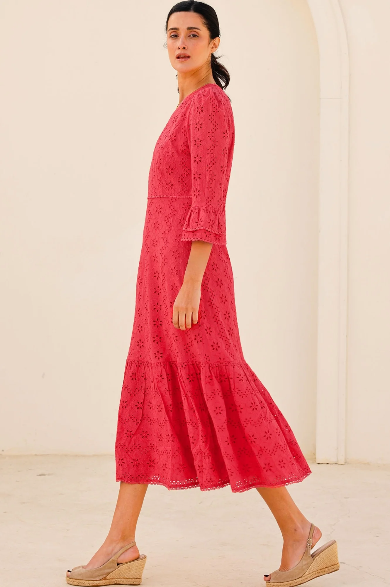 Victoria Cotton Broderie Dress | Red