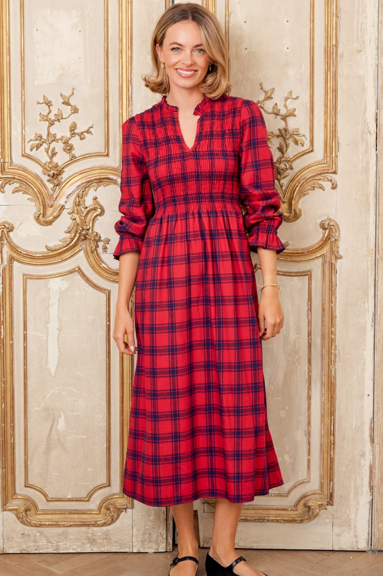 Laura Brushed Cotton Checked Dress | Red Check