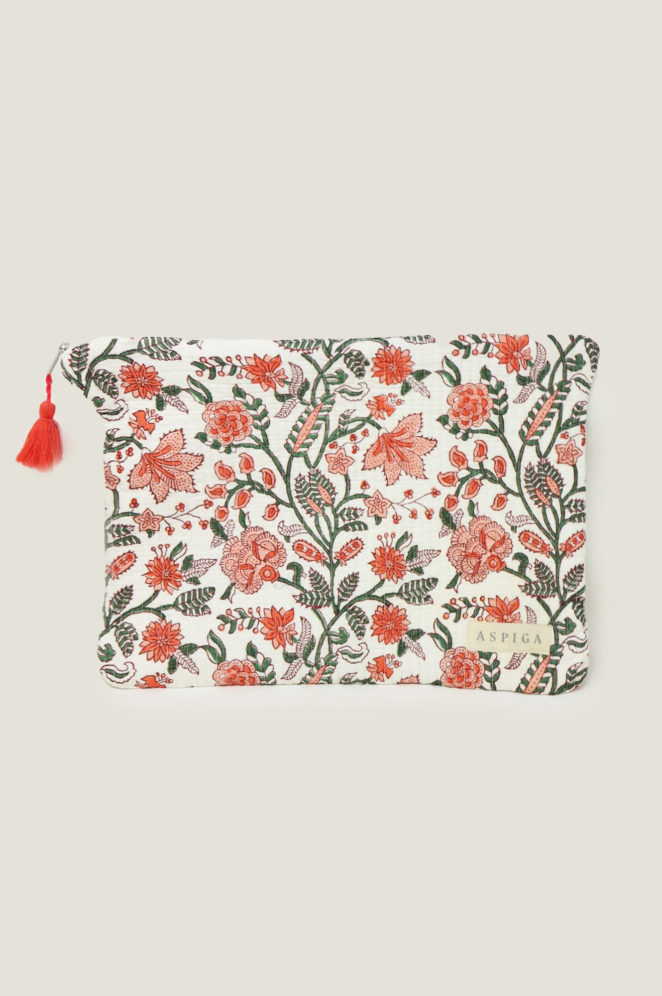 Block Printed Organic Cotton Quilted Laptop Case | White/Pink/Green