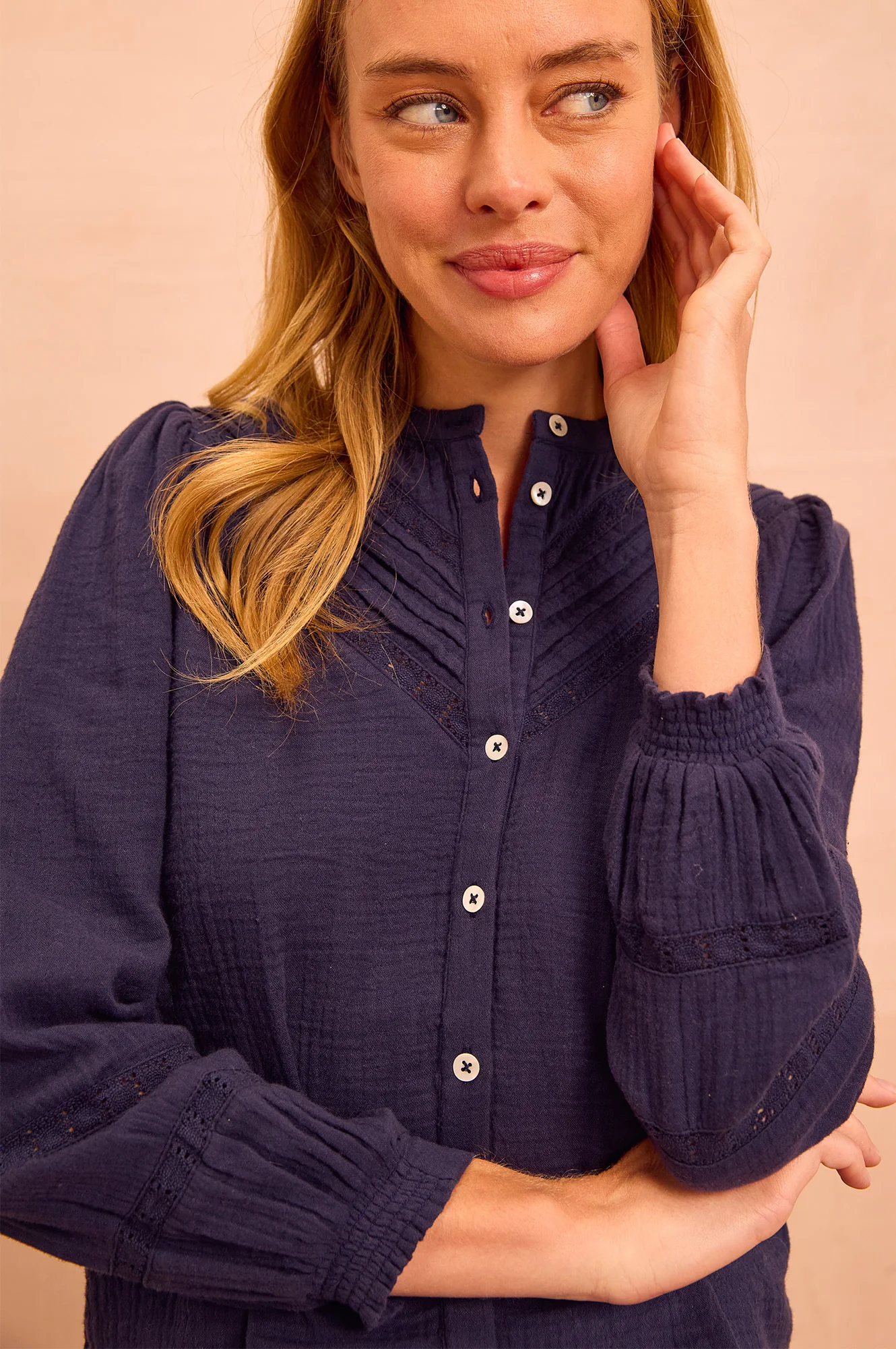 Chevron Lace Organic Cotton Cheesecloth Shirt | Navy