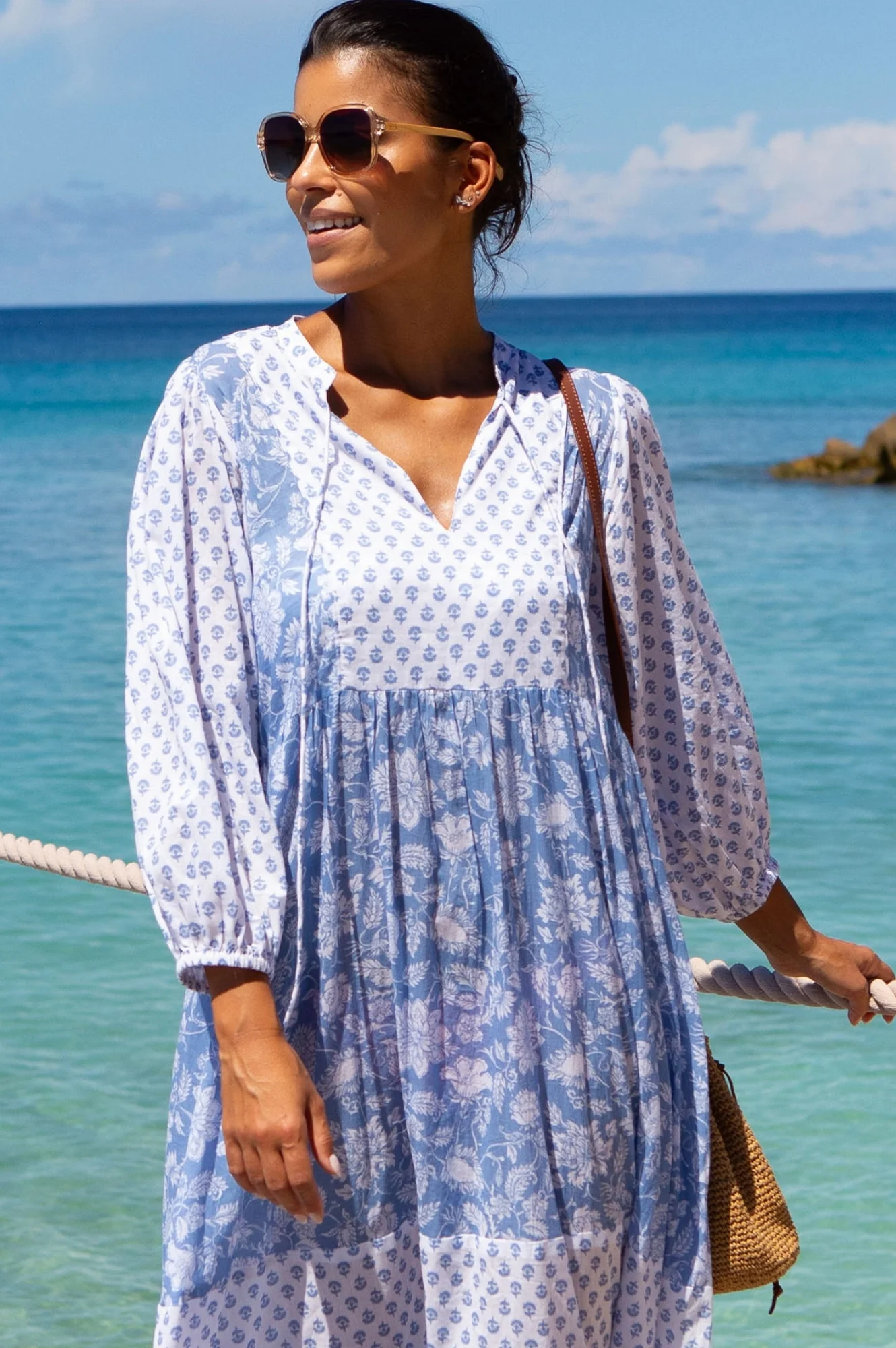 Martha Organic Cotton Print Mix Dress | Blossom Print Blue/White