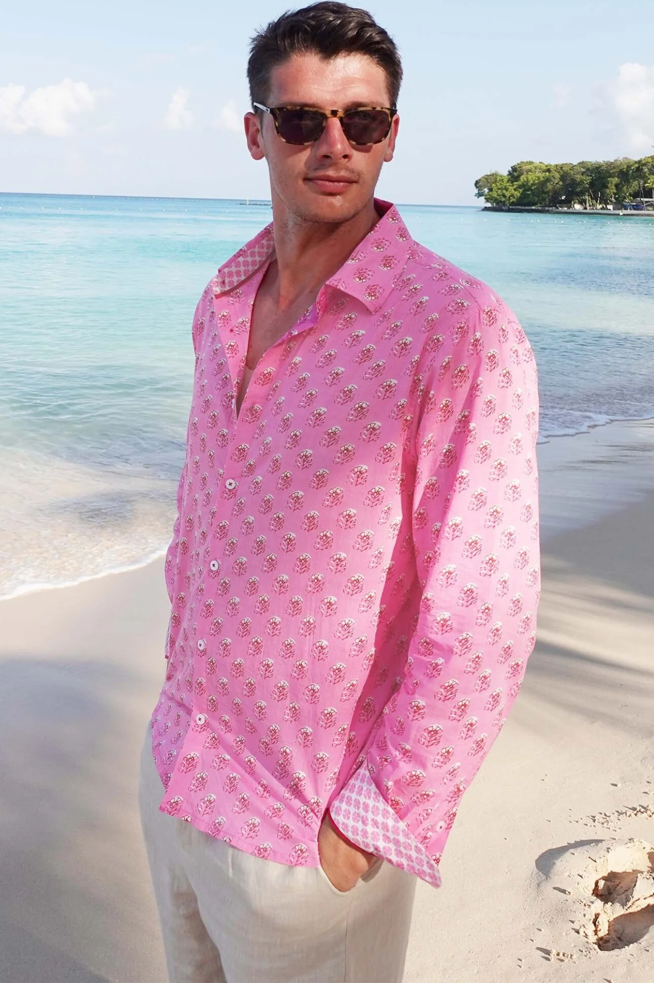Men's Printed Cotton Shirt | Periwinkle Pink/Rust