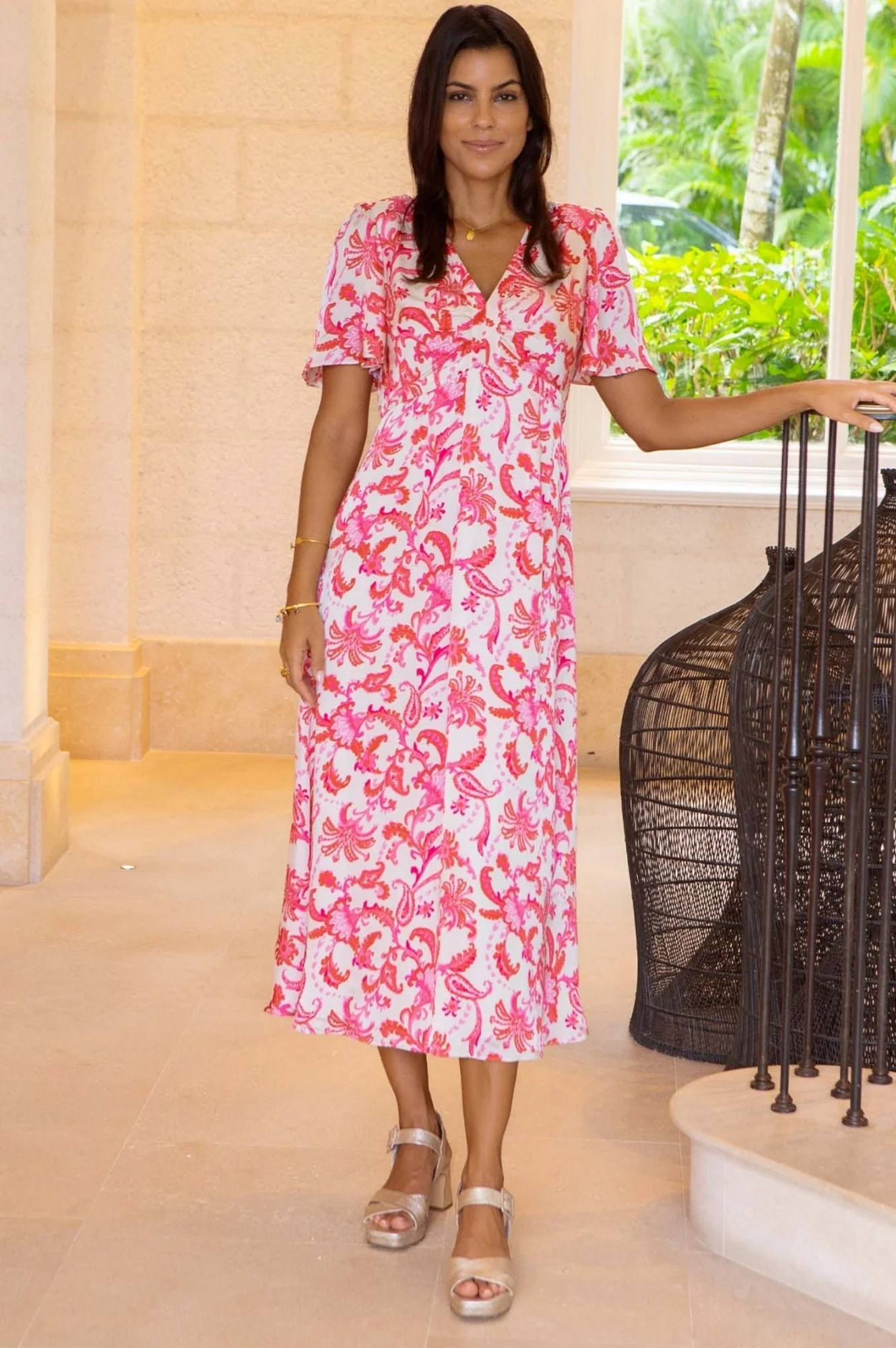 Anais Hammered Satin Dress | Paisley Floral Cream/Red/Pink