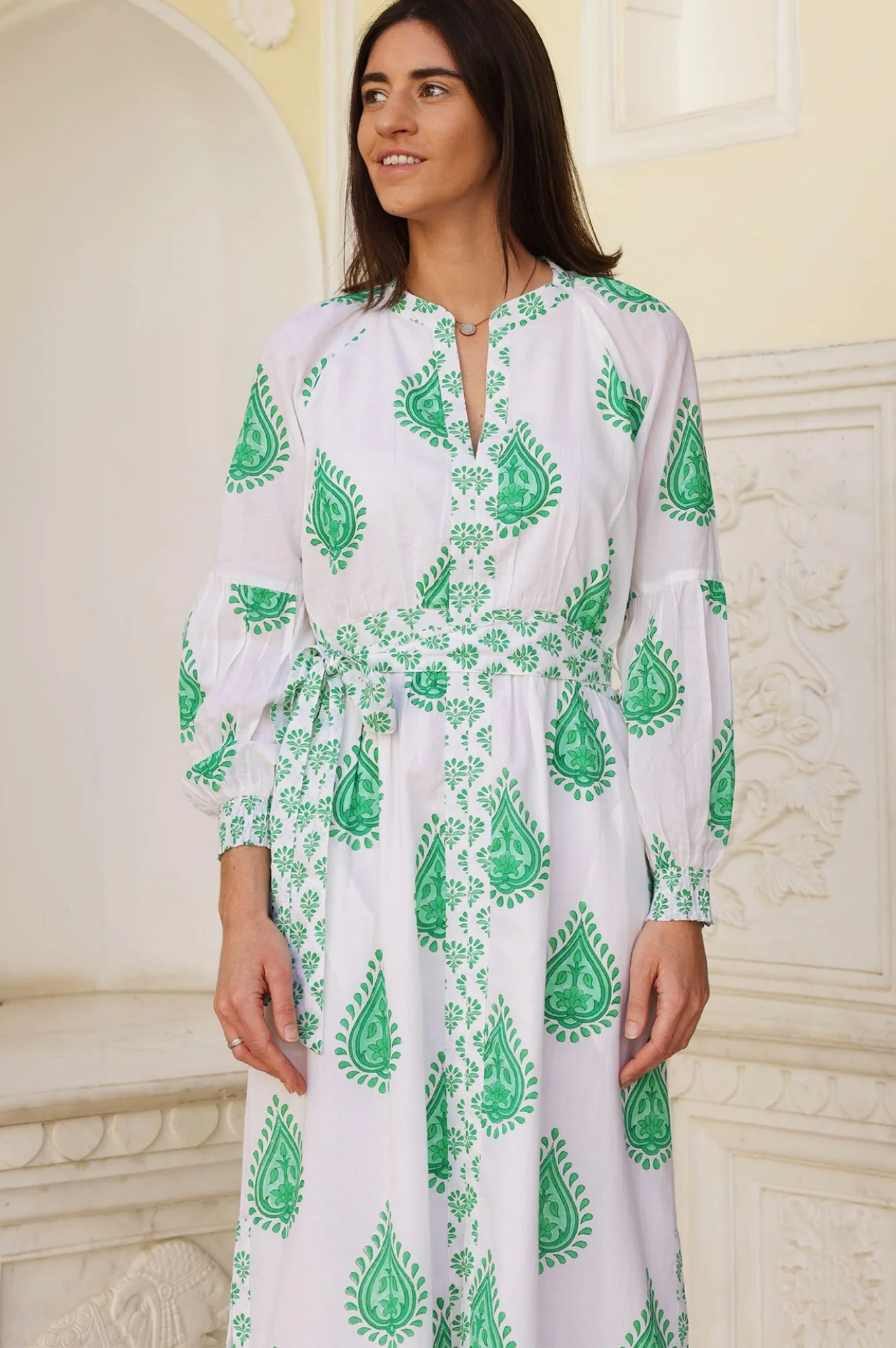 Cara Block Print Dress | Wild Flower Buta Green