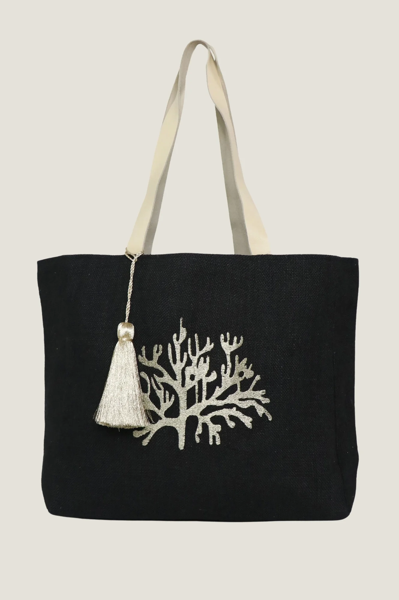 Coral Jute Beach Bag | Black/ Gold