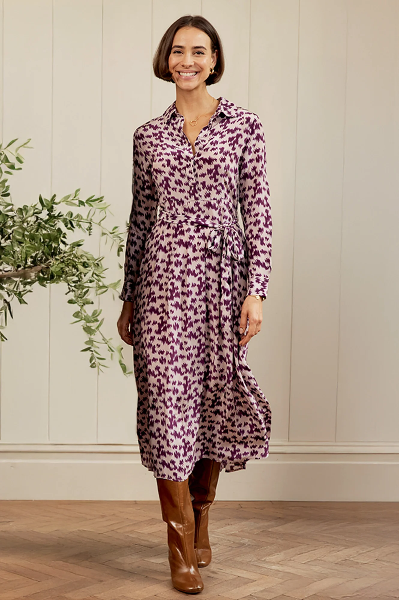 Minette Viscose Crepe Printed Shirt Dress | Animal Ikat Fig