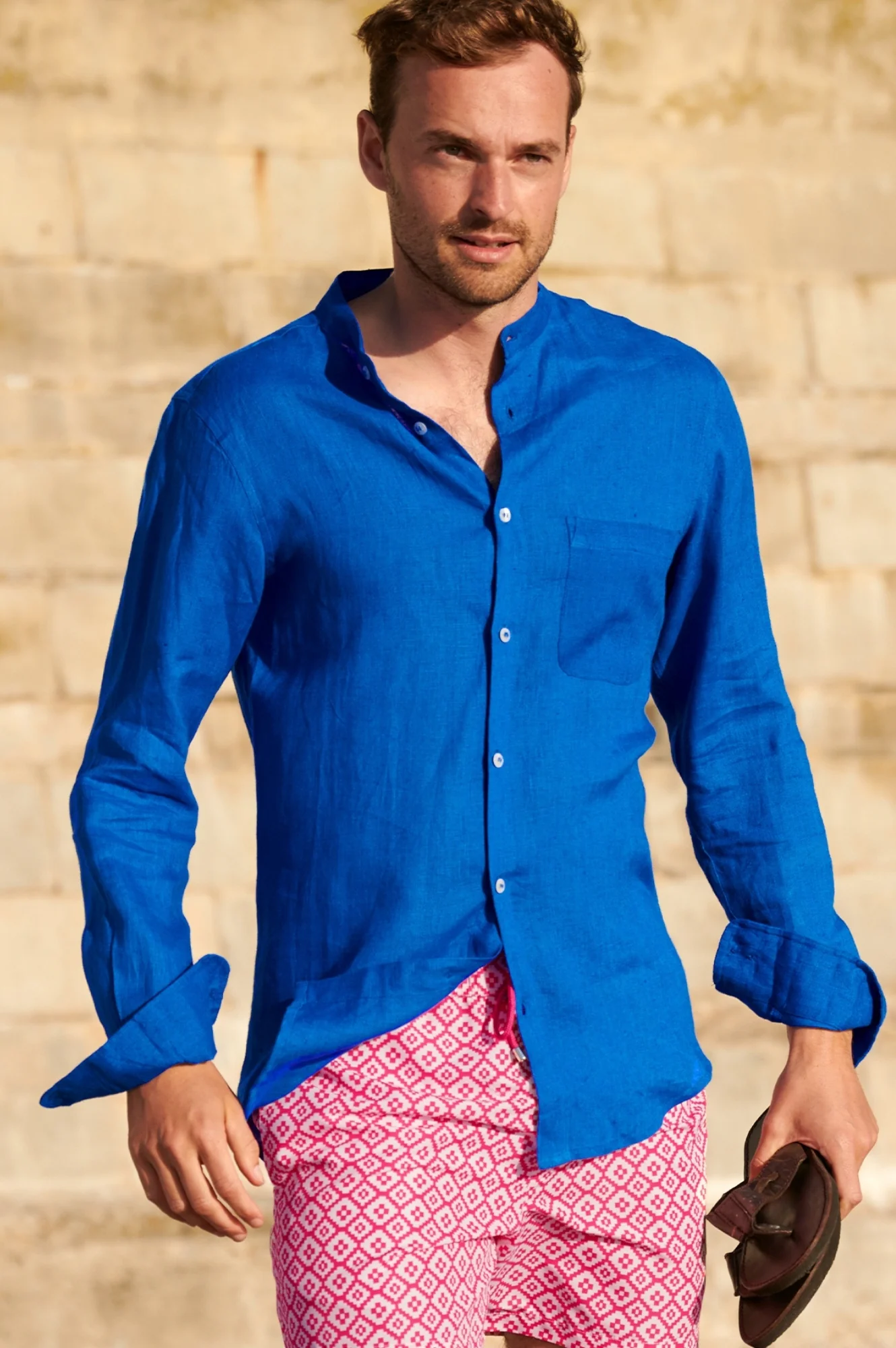 Men's Nehru Collar Linen Shirt | Cobalt Blue