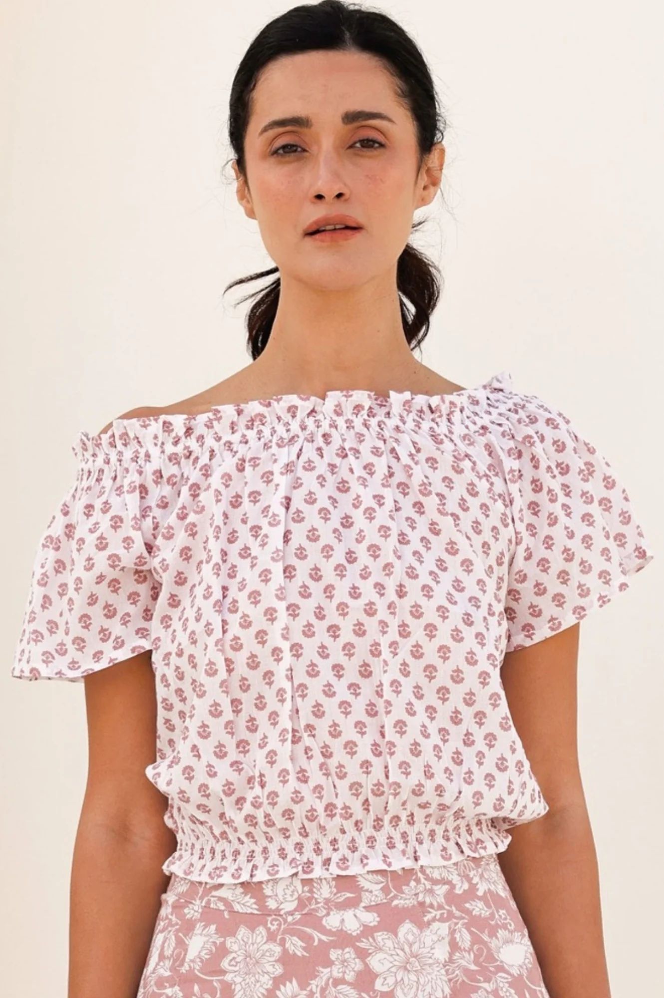 Ilana Printed Organic Cotton Top | Lixus Flower White/Dusty Pink