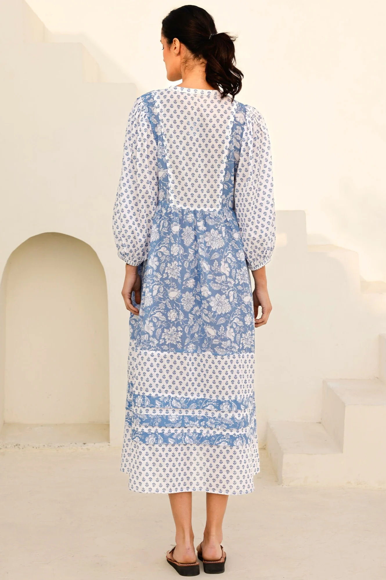 Martha Organic Cotton Print Mix Dress | Blossom Print Blue/White