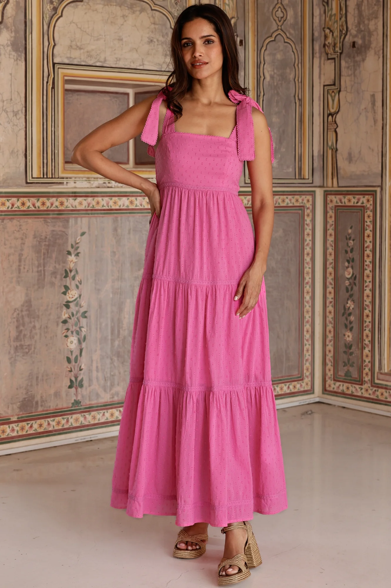 Tabitha Organic Cotton Dobby Dress | Bright Pink