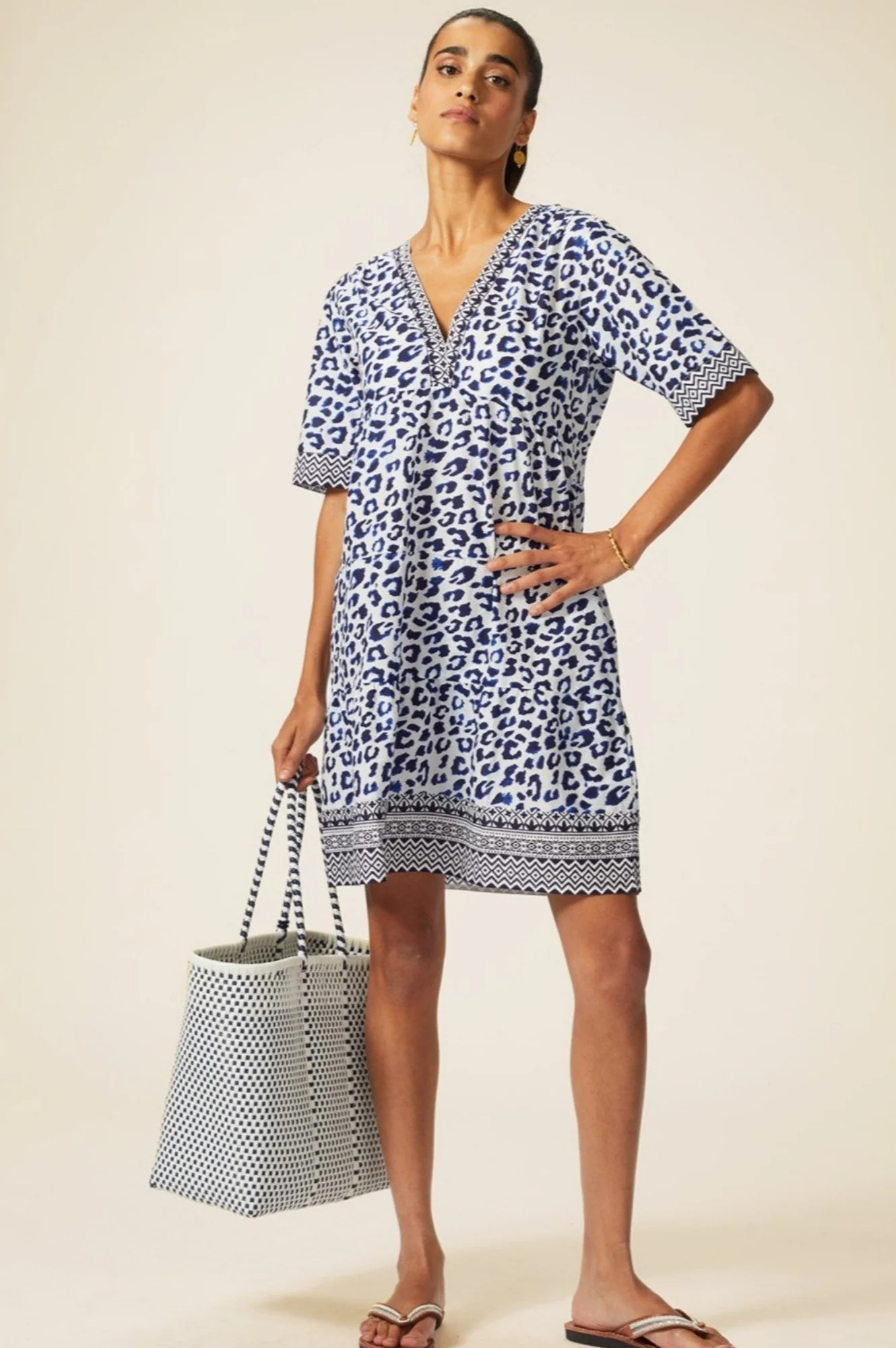 Santorini Cotton Kaftan | Soft Cheetah White/Navy