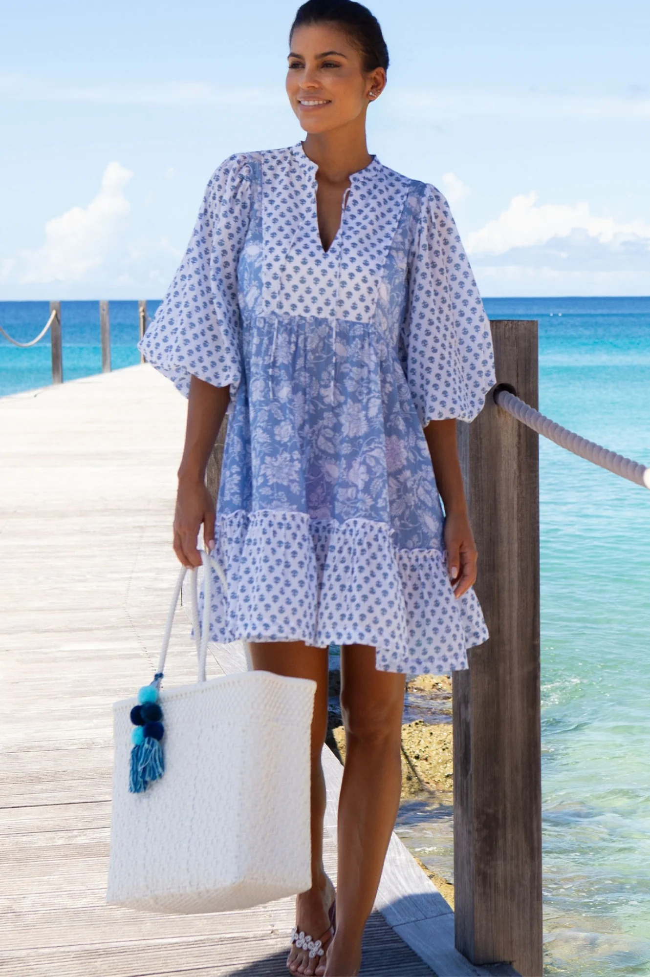 Marina Organic Cotton Print Mix Dress | Blossom Print Blue/White