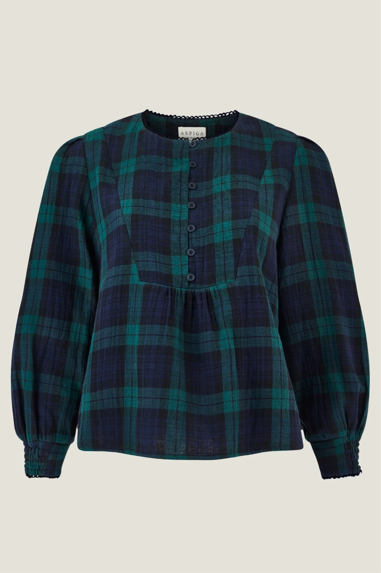 Checked Double Cloth Organic Cotton Blouse | Navy/Green