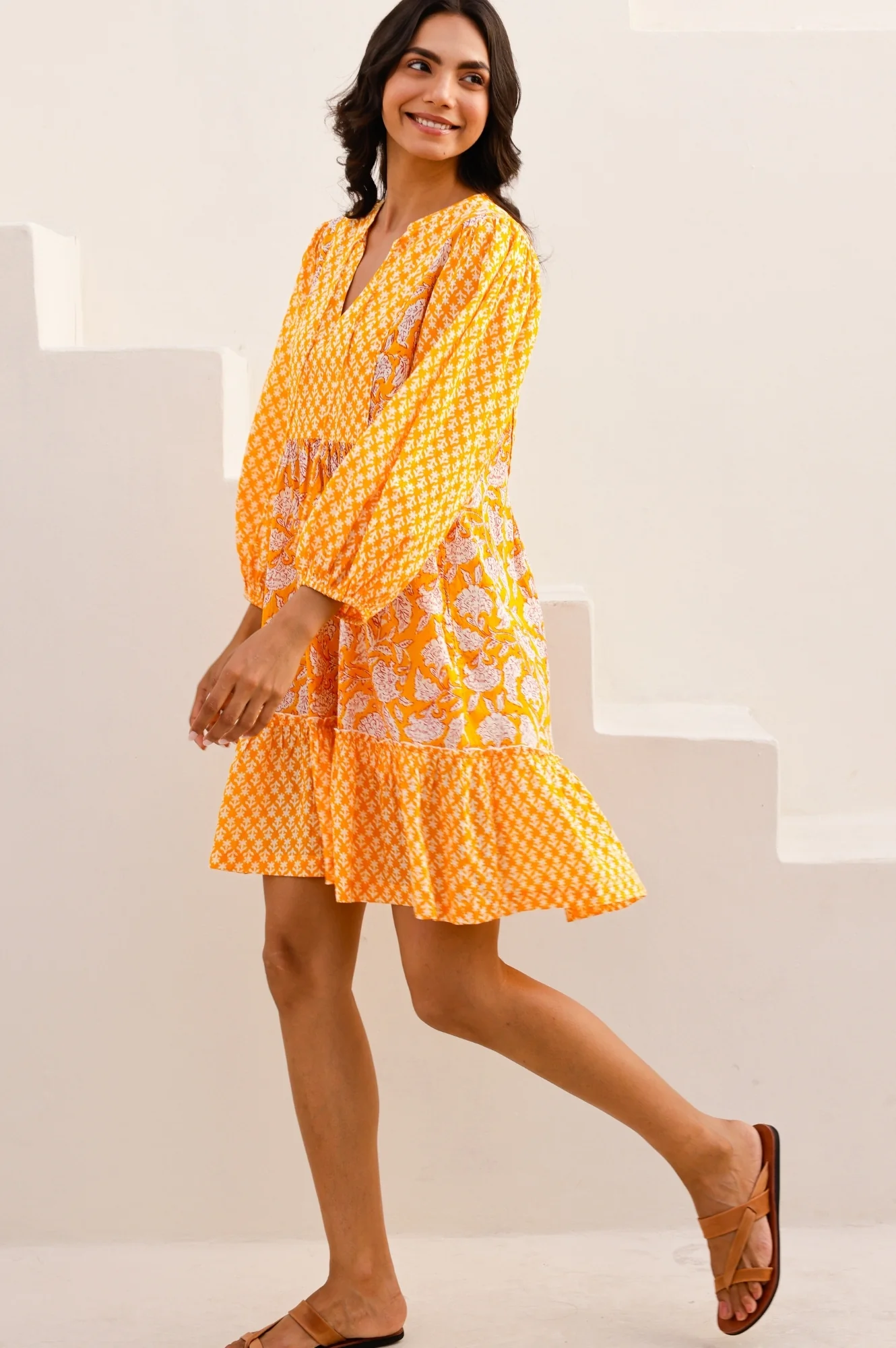 Marina Organic Cotton Print Mix Dress | Dianthus Print Yellow/White