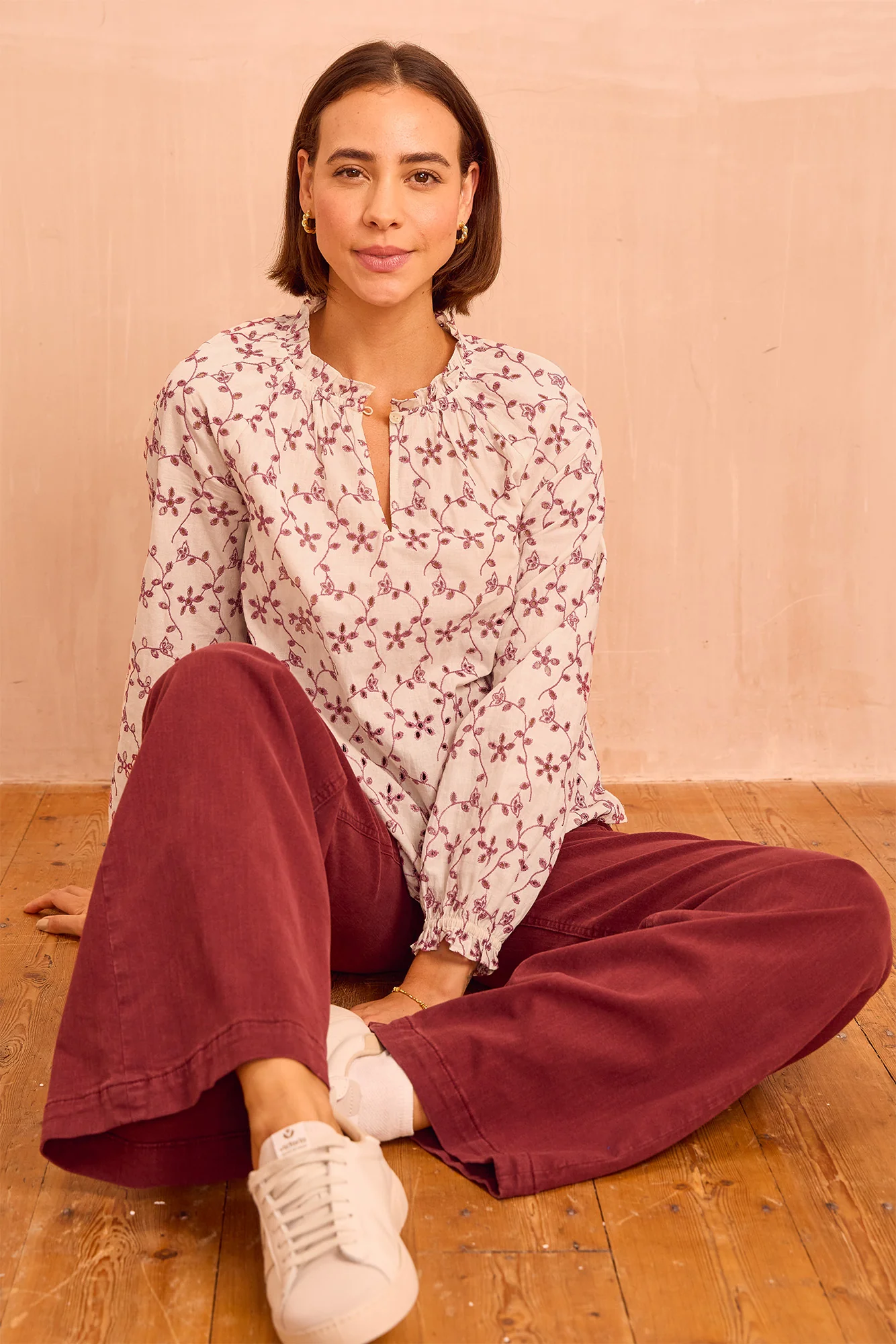 Lauren Embroidered Blouse | Cream/Mauve