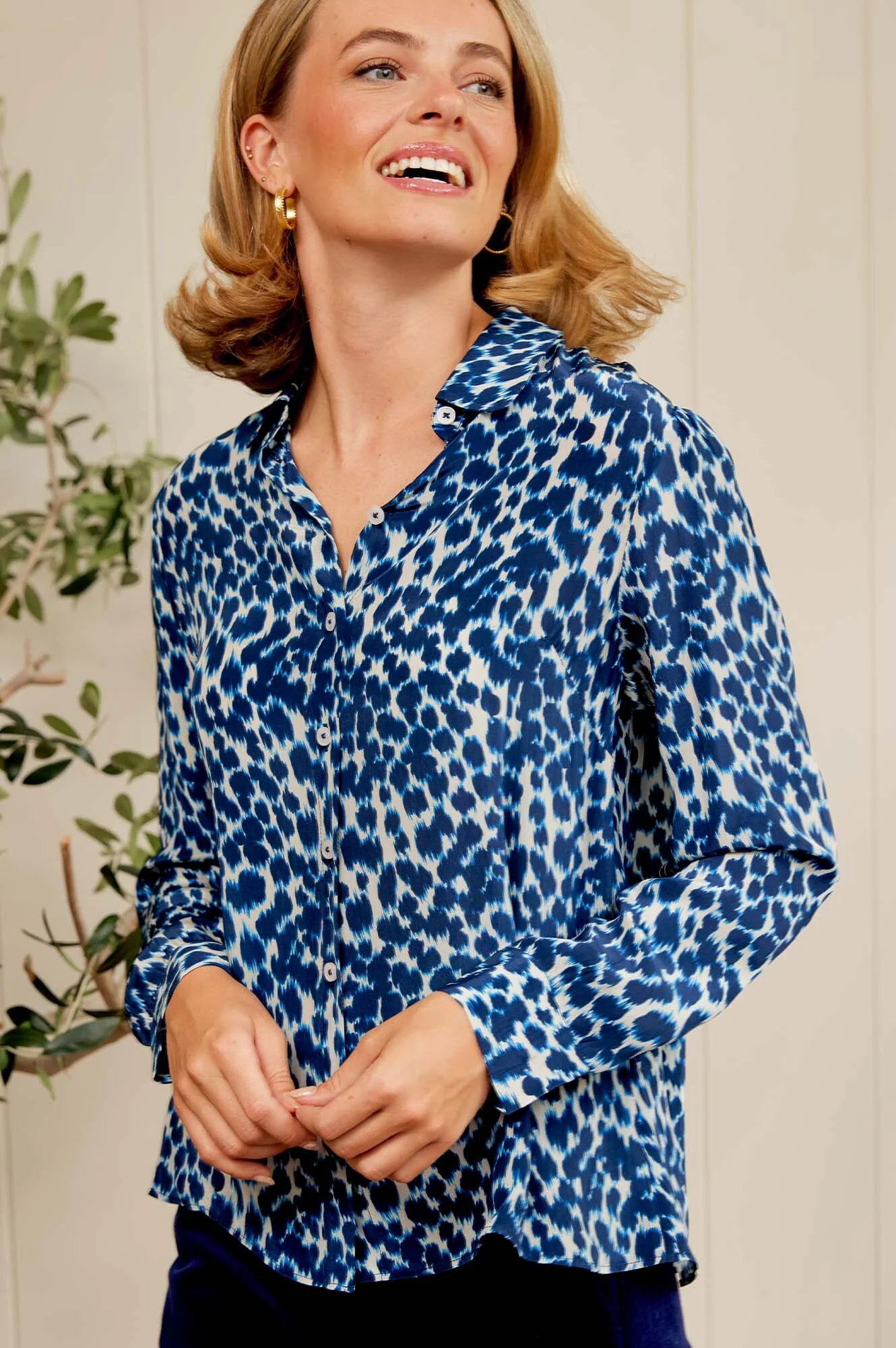Milena Viscose Crepe Printed Shirt | Animal Ikat Navy/Cream