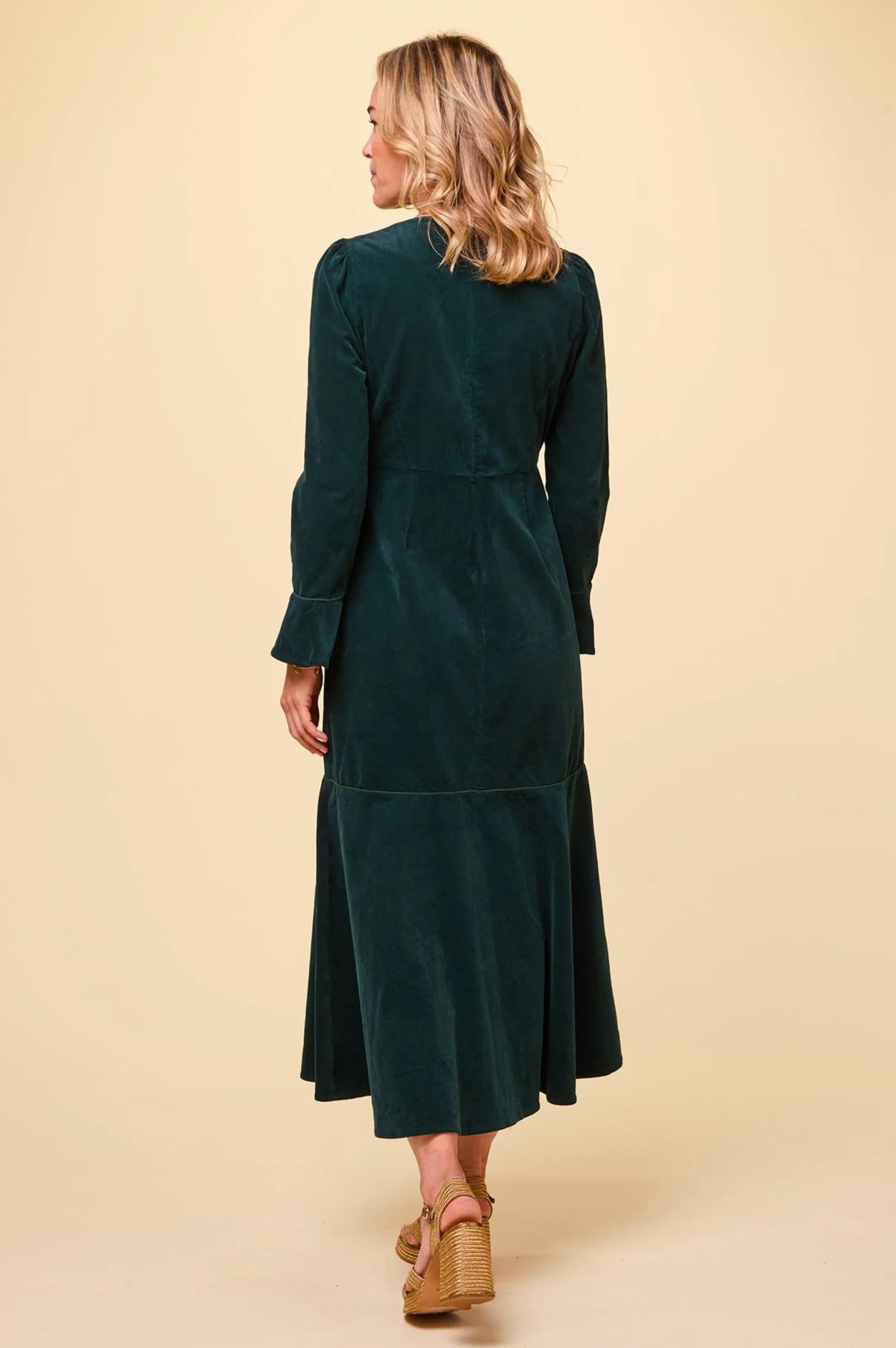 Paloma Round Neck Long Sleeve Stretch Corduroy Dress | Bottle Green