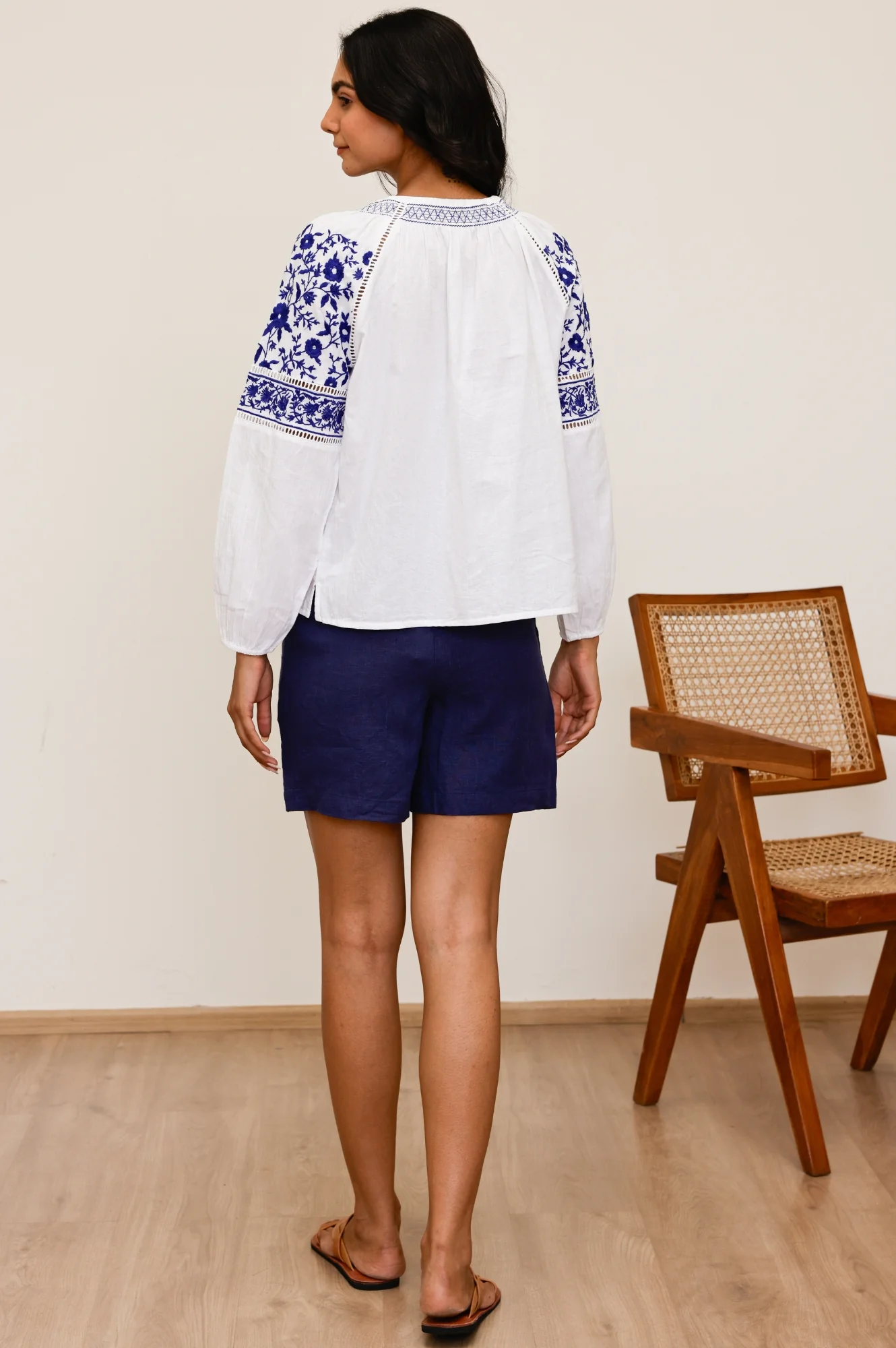 Ida Embroidered Cotton Top | White/Cobalt