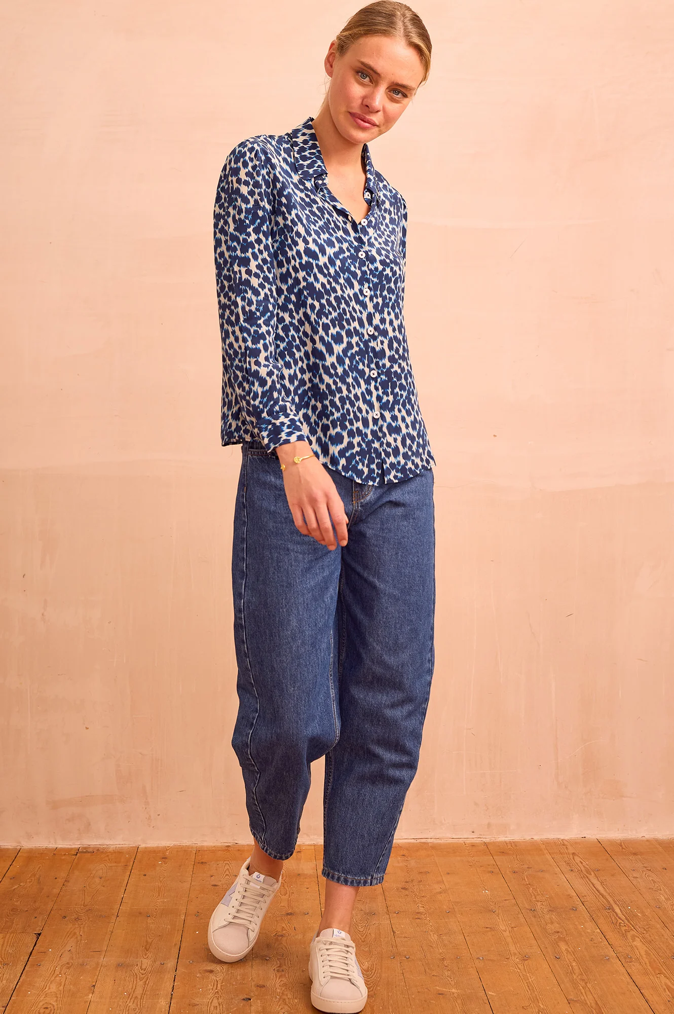 Milena Viscose Crepe Printed Shirt | Animal Ikat Navy/Cream