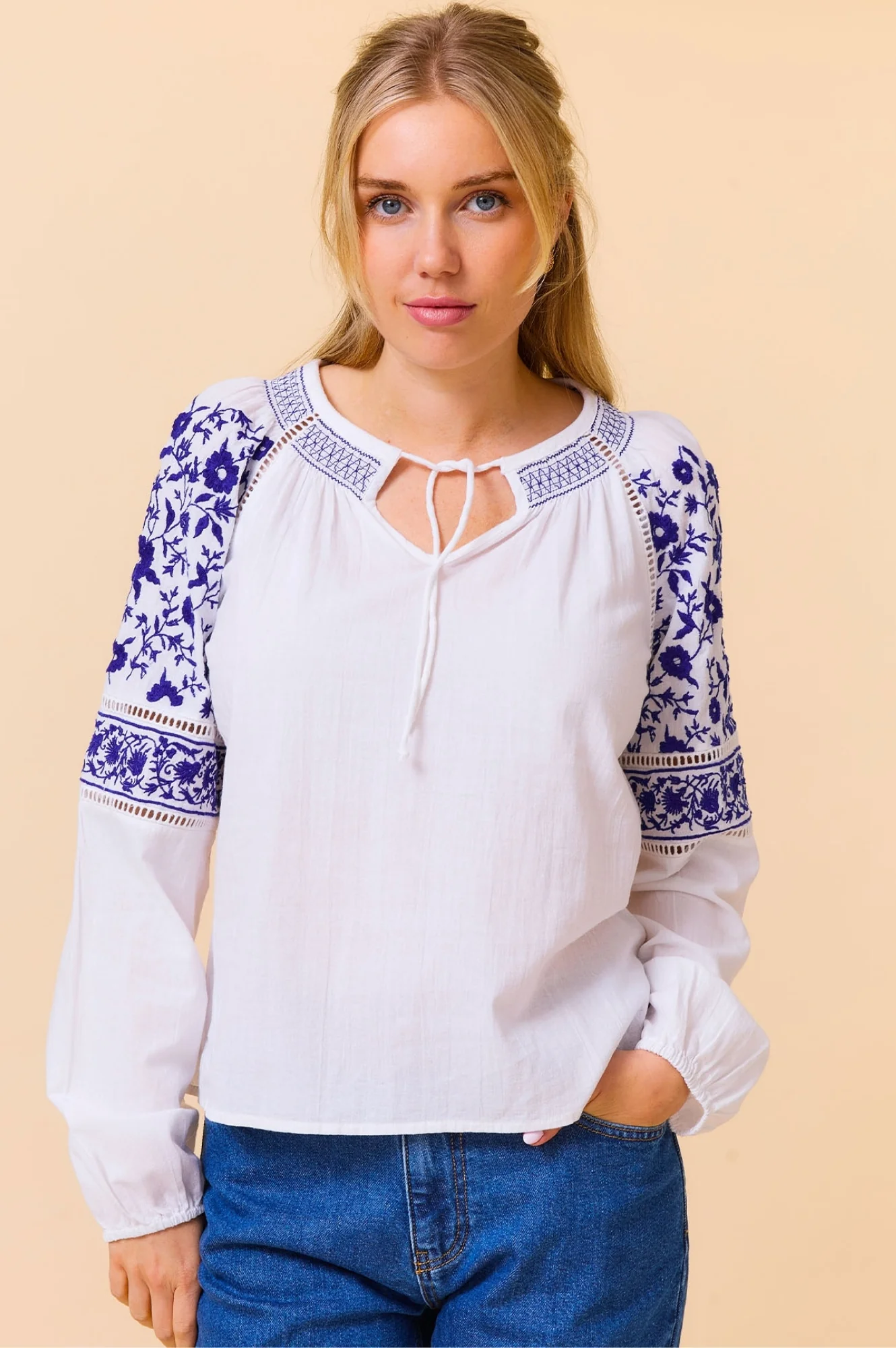 Ida Embroidered Cotton Top | White/Cobalt