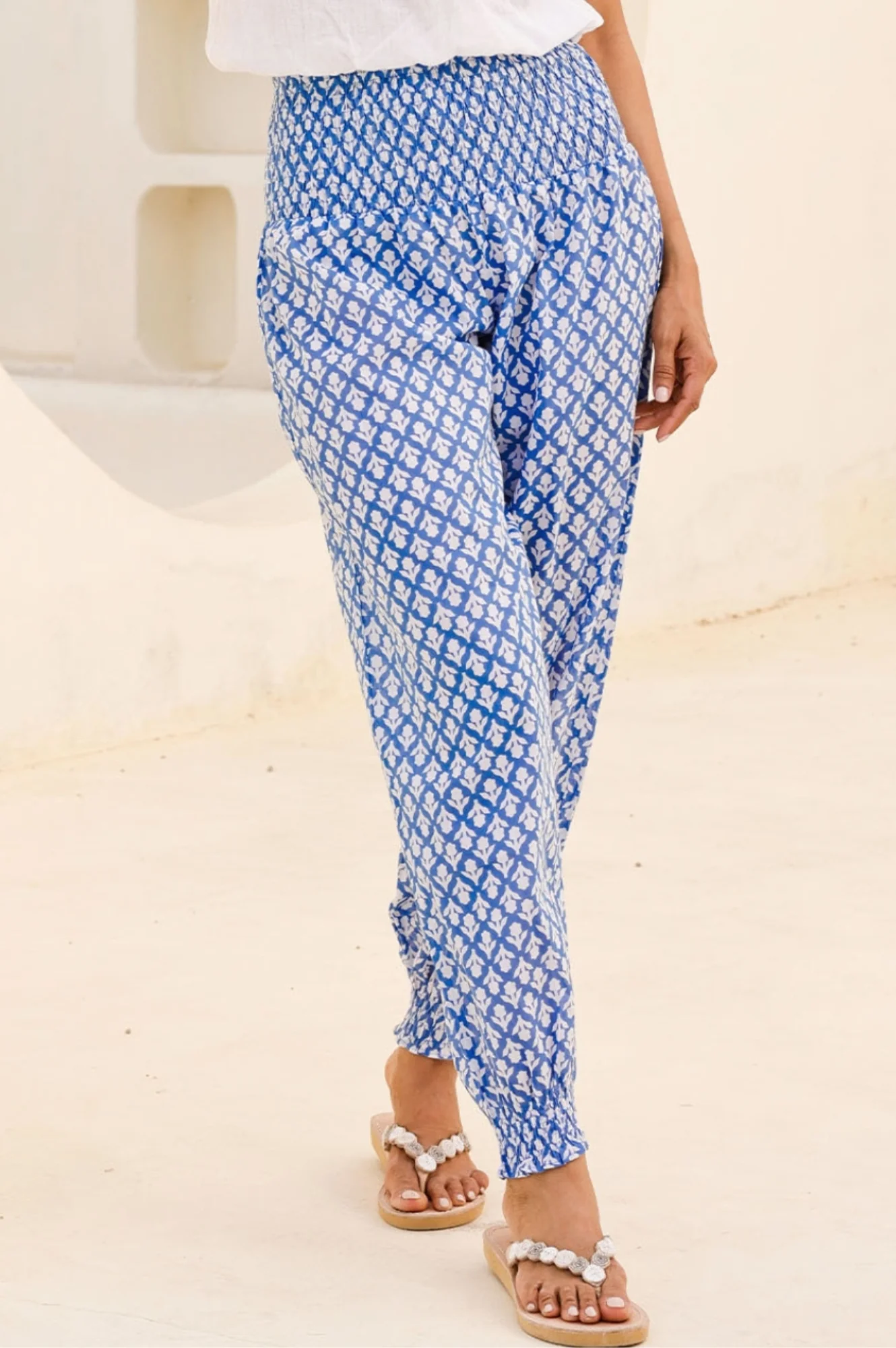 Harem Organic Cotton Trousers | Flower Stamp Cornflower/White