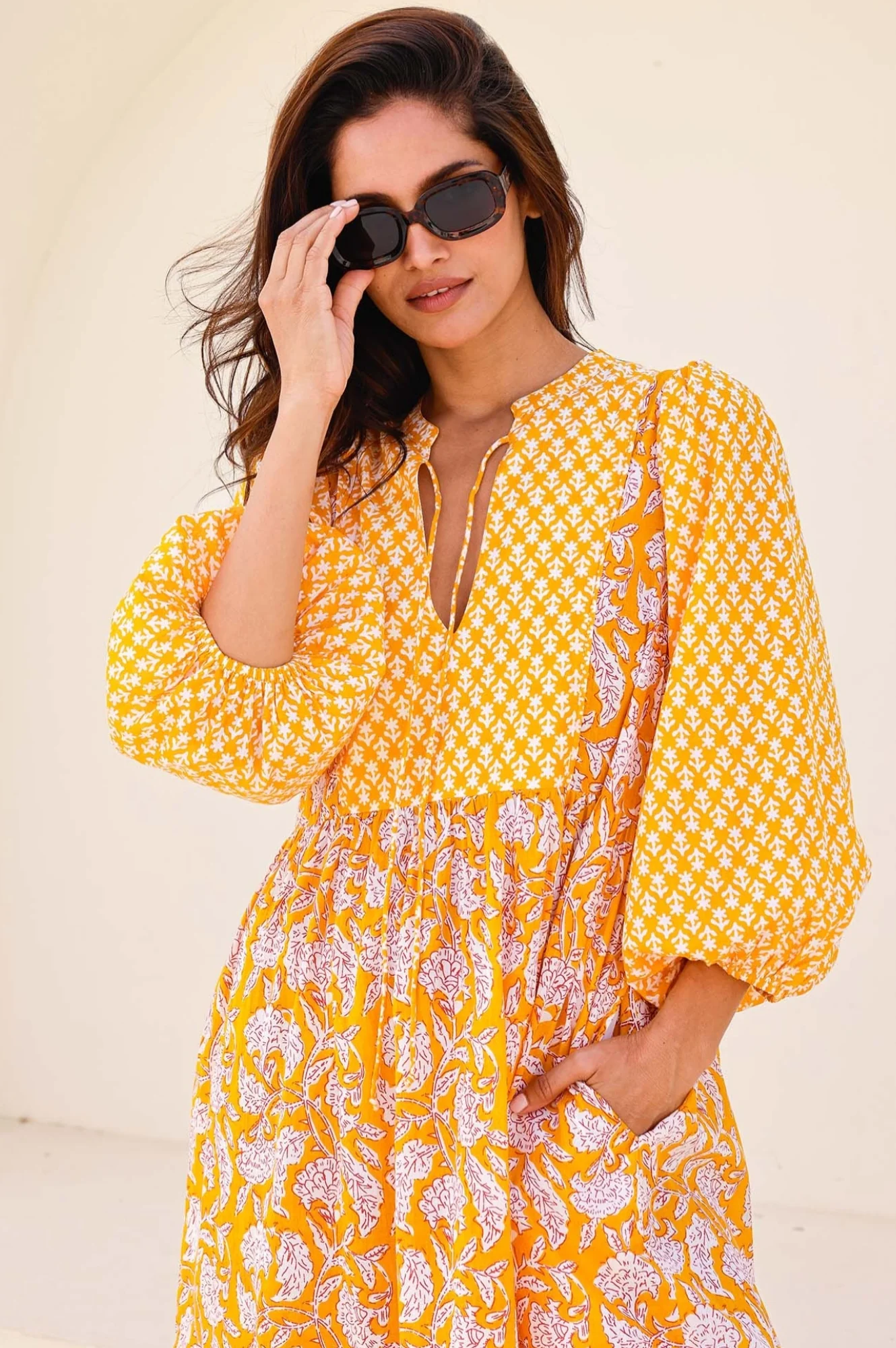 Martha Organic Cotton Mix Print Dress | Dianthus Print Yellow/White