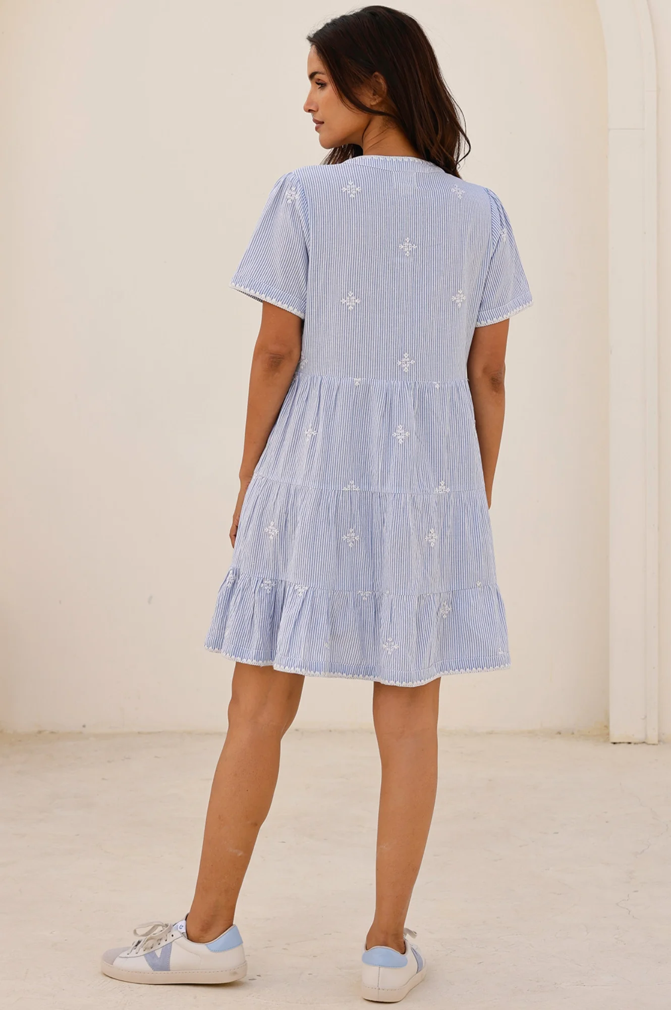 India Embroidered Organic Cotton Dress | Stripe Blue/White