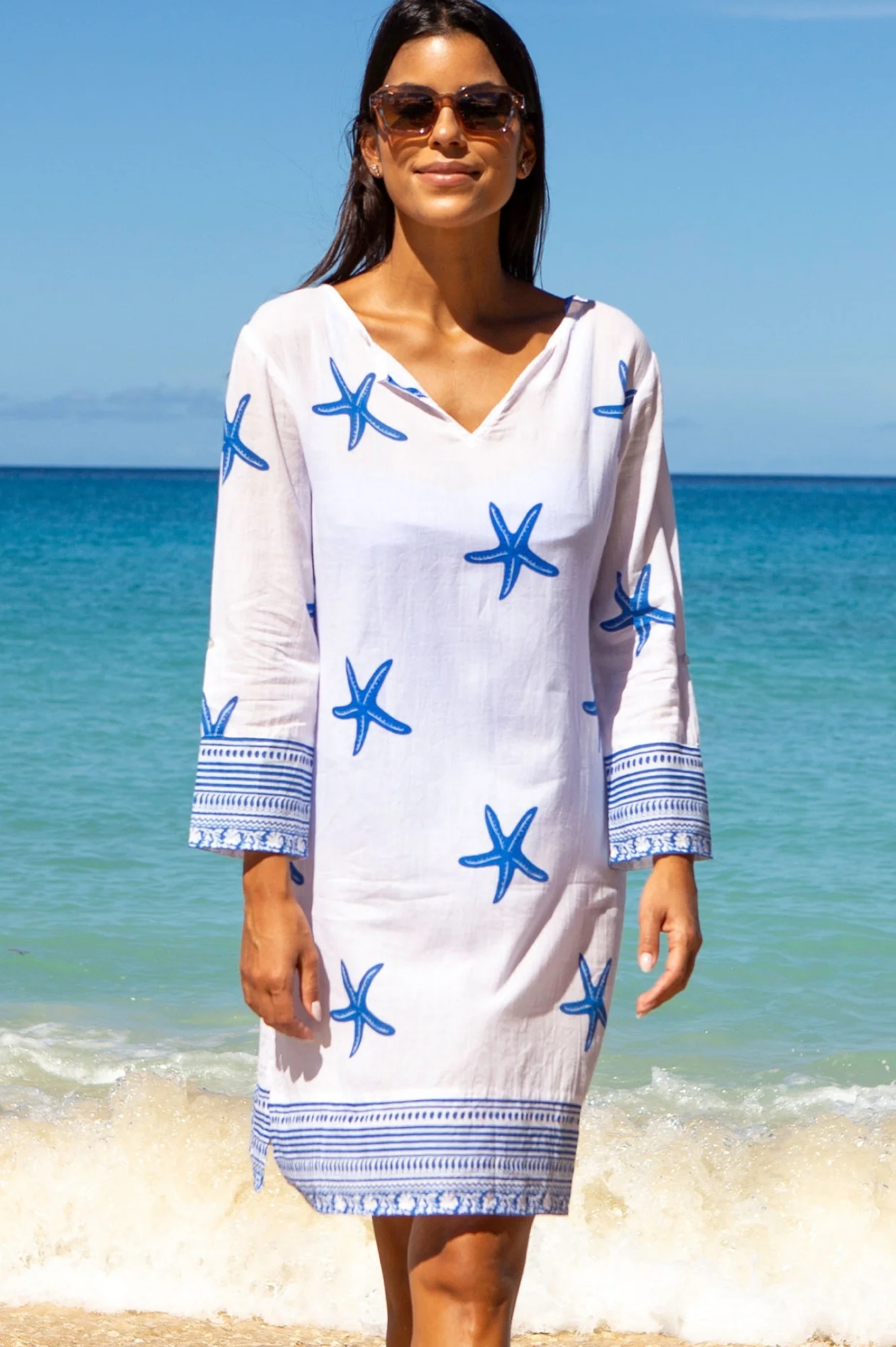 Guadalupe Short Organic Cotton Tunic | Starfish White/Cobalt