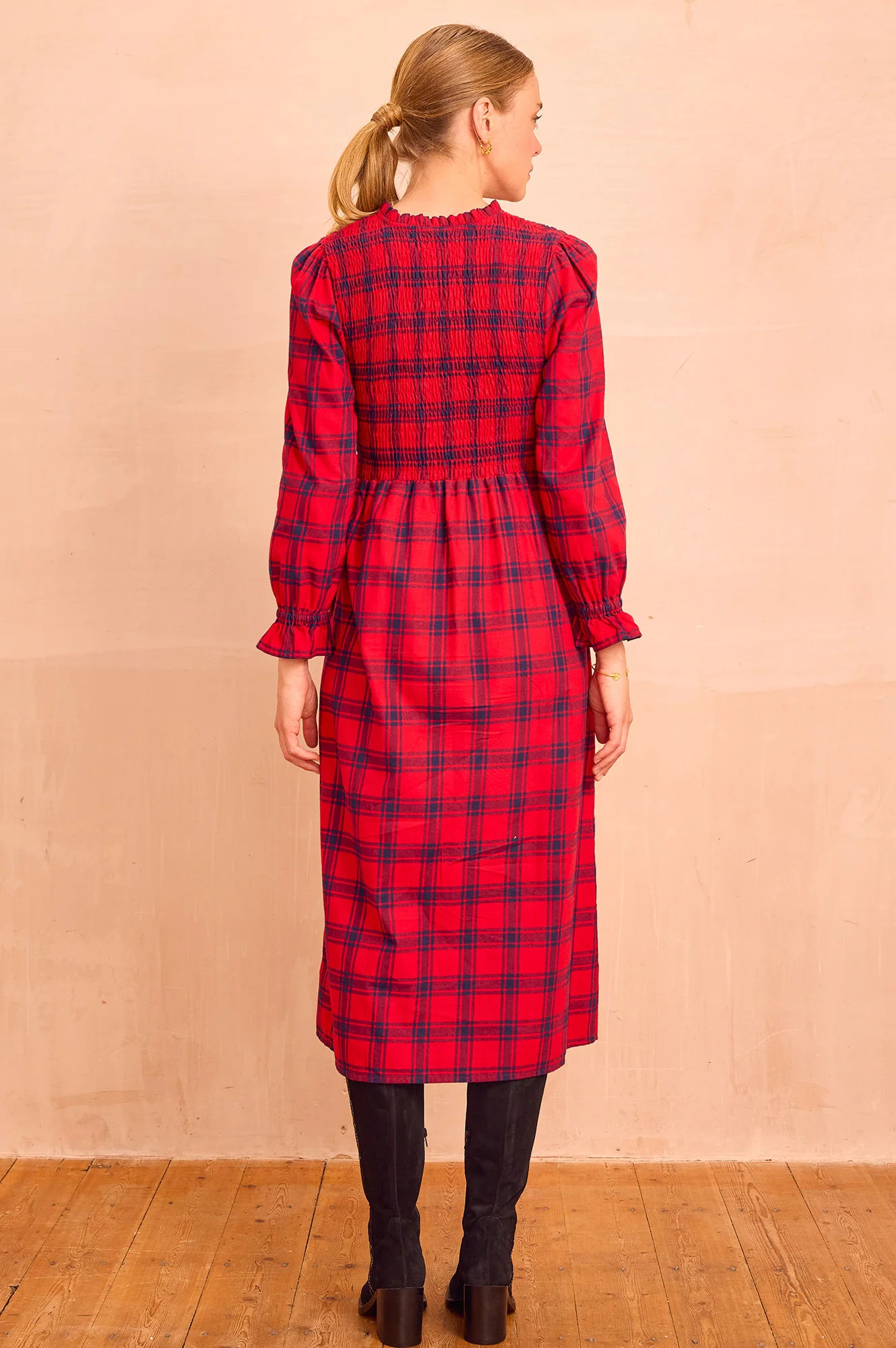 Laura Brushed Cotton Checked Dress | Red Check