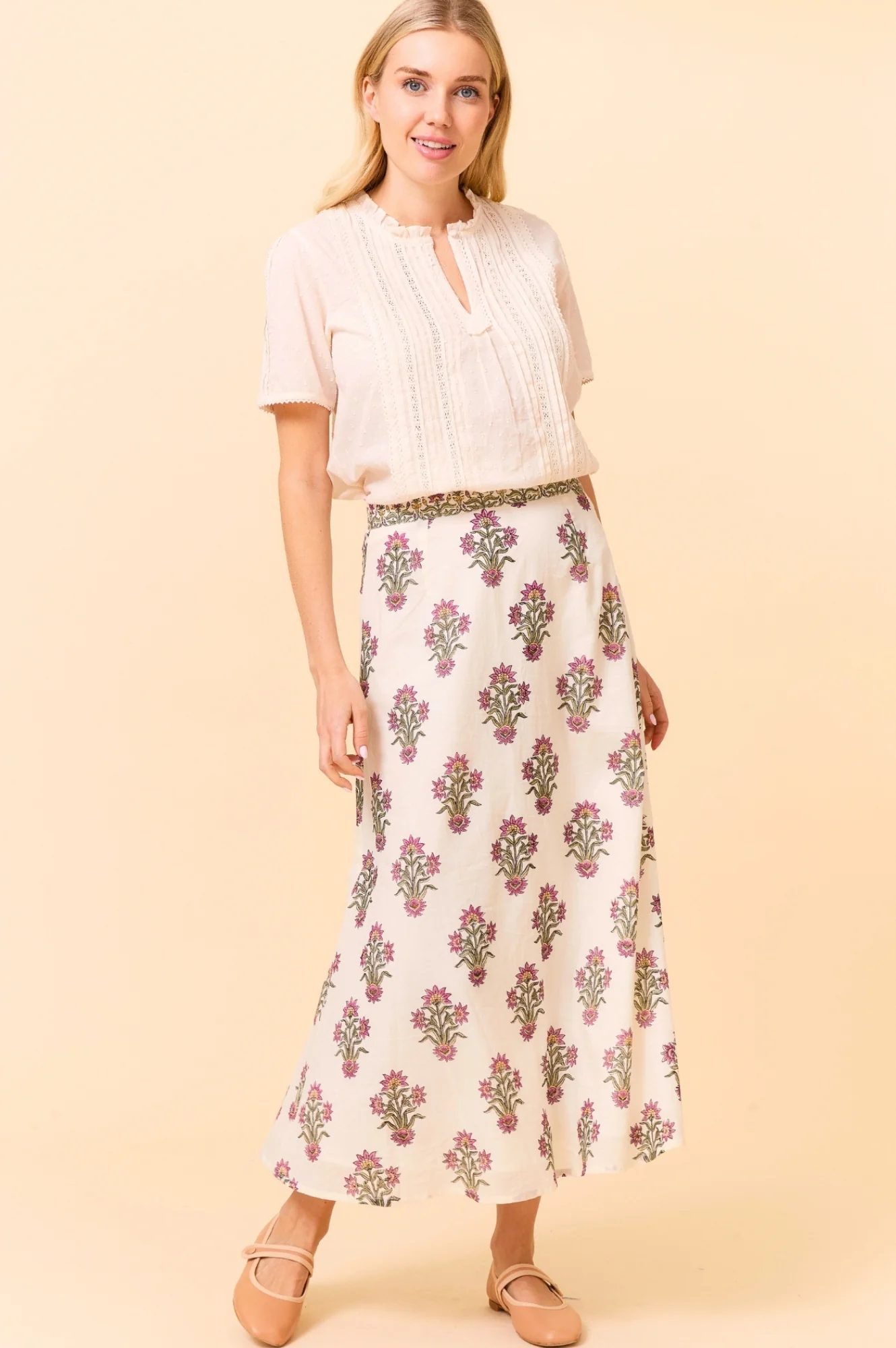 Neve Organic Cotton Block Print Skirt | Antique Wildflower Cream/Red/Green
