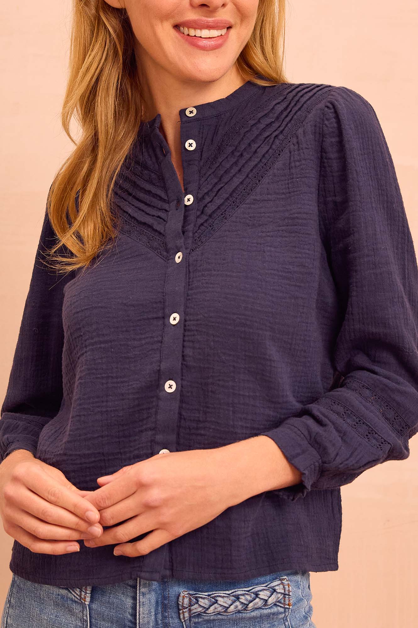Chevron Lace Organic Cotton Cheesecloth Shirt | Navy
