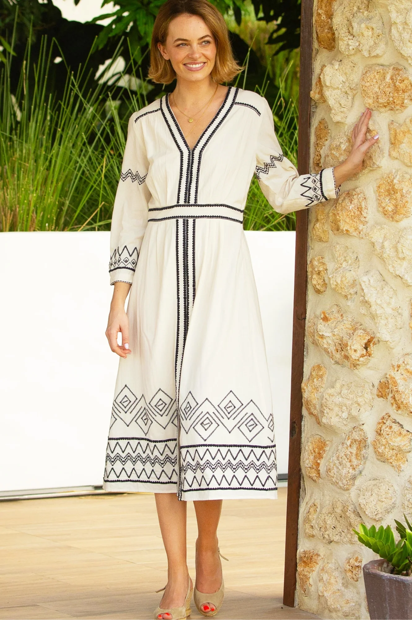 Jamila Embroidered Dress | Ecru/Black