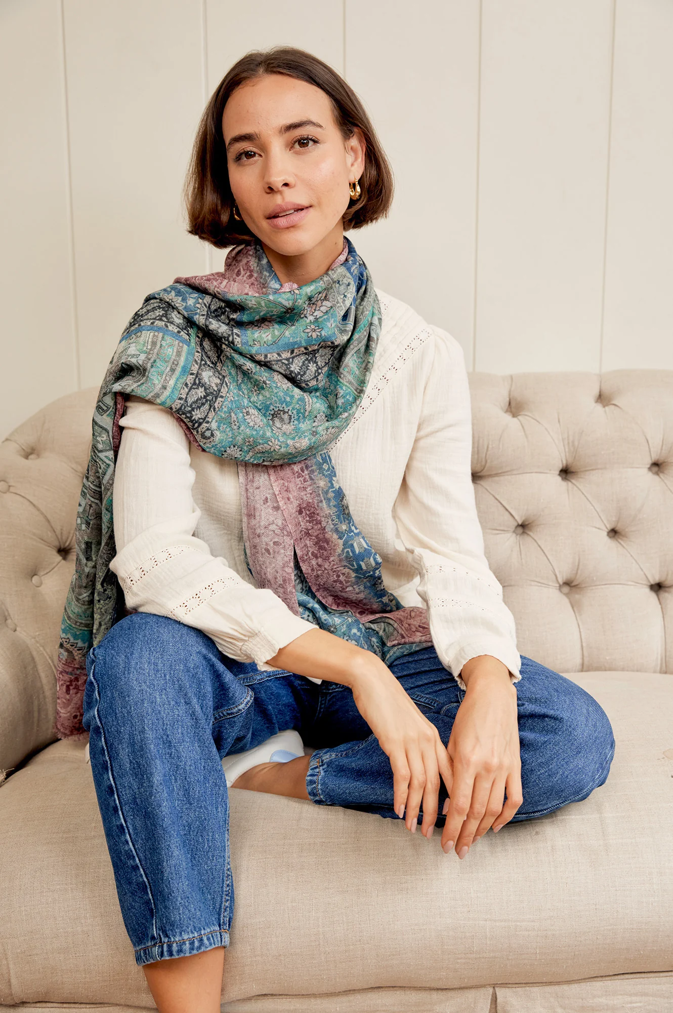 OMBRE Floral abstract scarf | Green/Beige