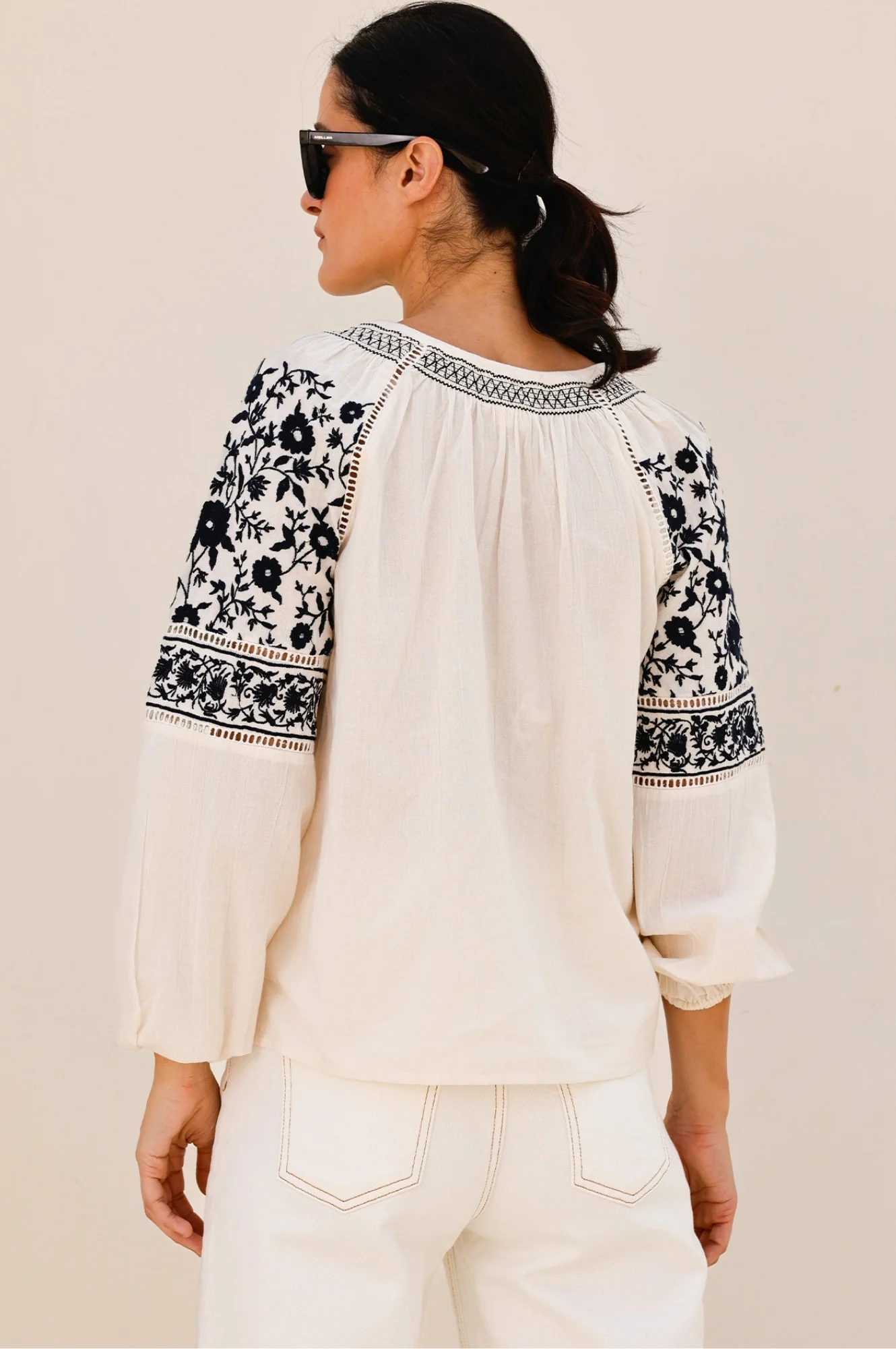 Ida Embroidered Cotton Top | Ecru/Navy Black