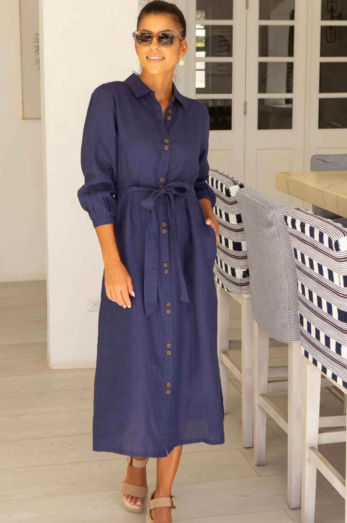 Linen Shirt Dress | Navy