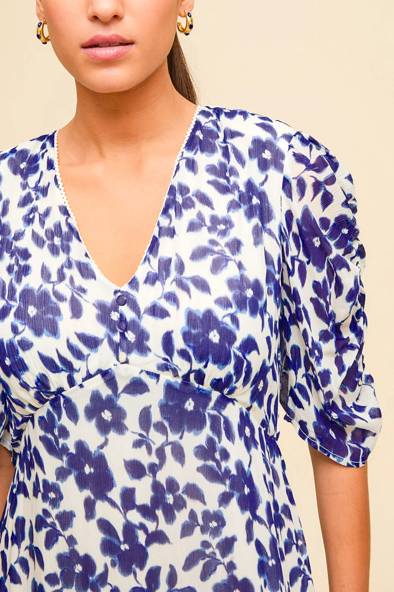 Ellery Viscose Wedding Guest Dress | Blossom Cream/Navy