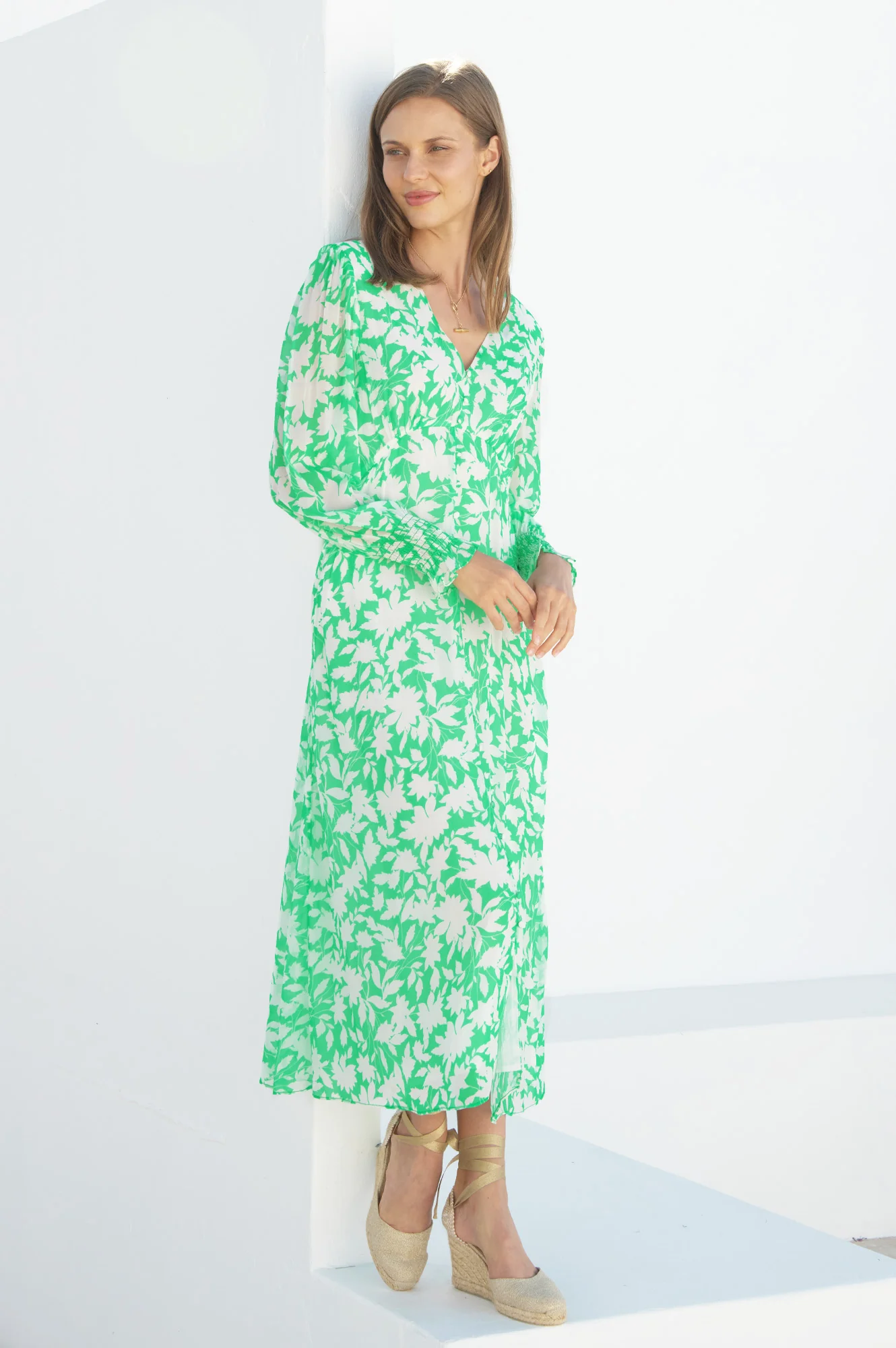 Long Sleeve Sally Anne Dress | Green/Ivory
