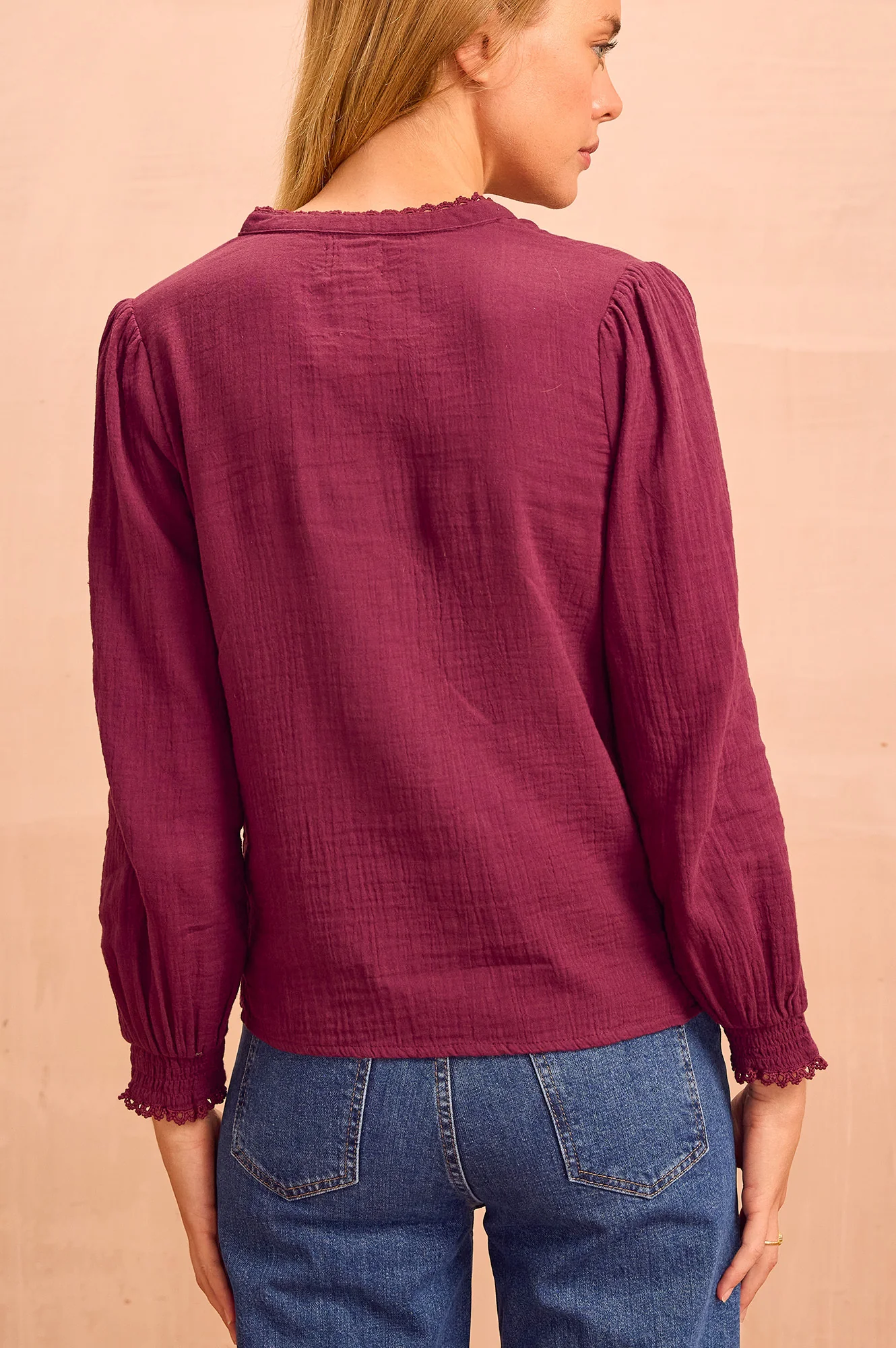 Holly Pin Tuck Organic Cotton Cheesecloth Long Sleeve Blouse | Berry