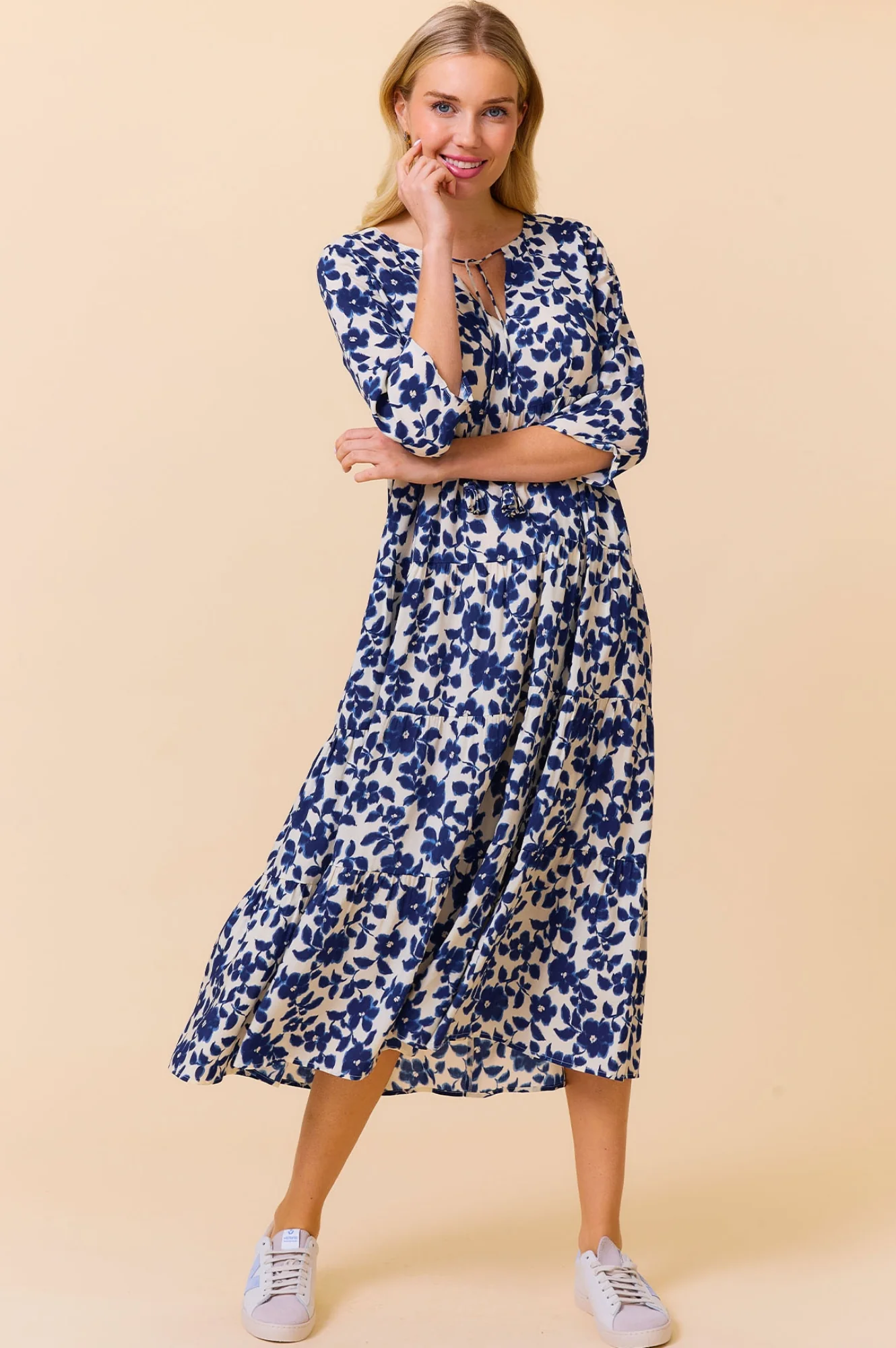 Emma EcoVero™ Midi Dress | Blossom Cream/Navy