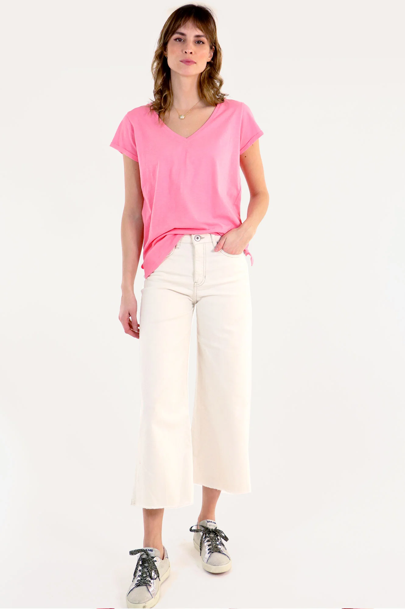 Organic Cotton V-Neck T-Shirt | Pink