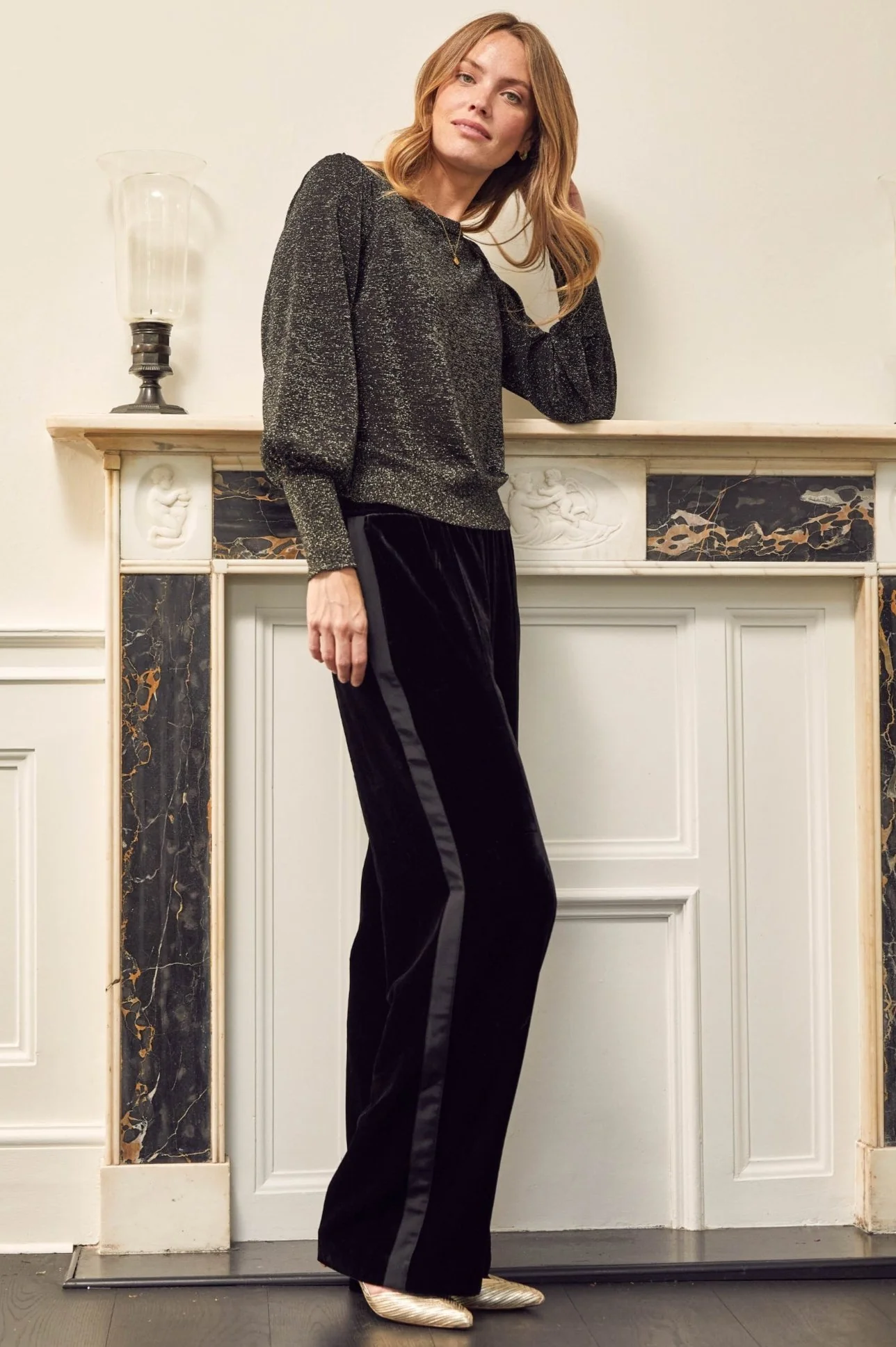 Velvet Side Stripe Trousers | Black