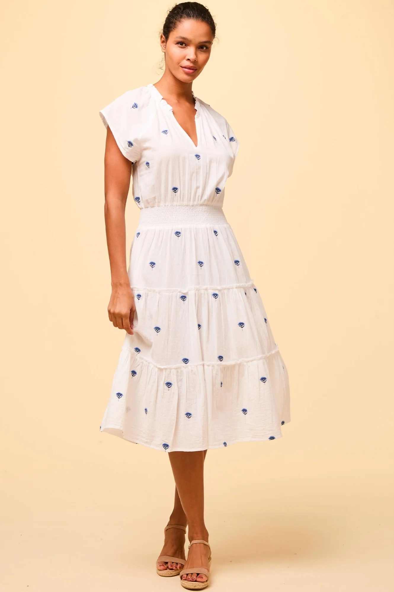 Riley Embroidered Organic Cotton Dress | White/Blue