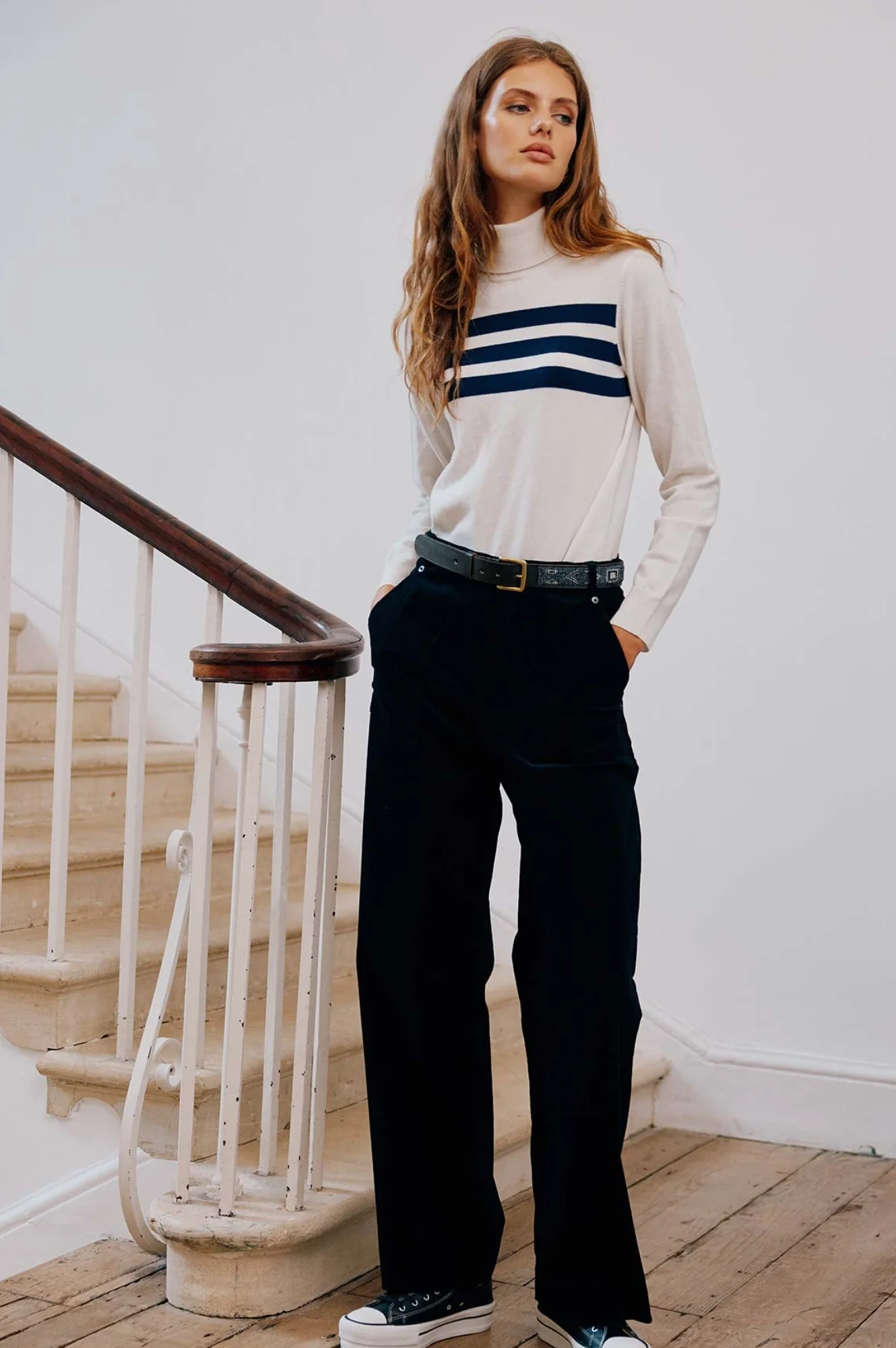 Merino Wool Striped Slim Fit Polo Neck | Cream/Navy