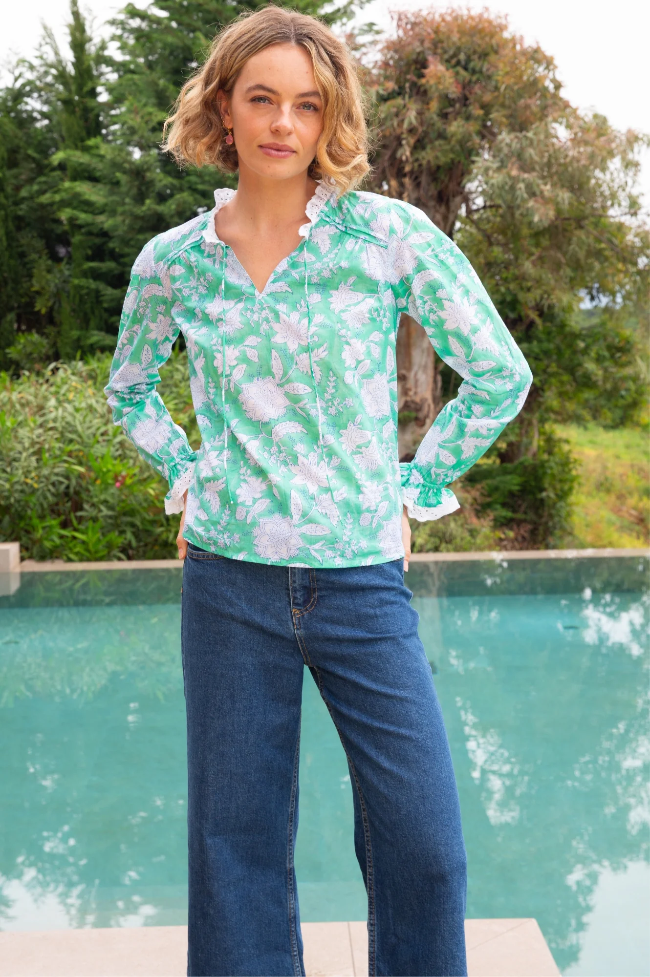 Rosie Organic Cotton Block Print Blouse | Lotus Green/Blue
