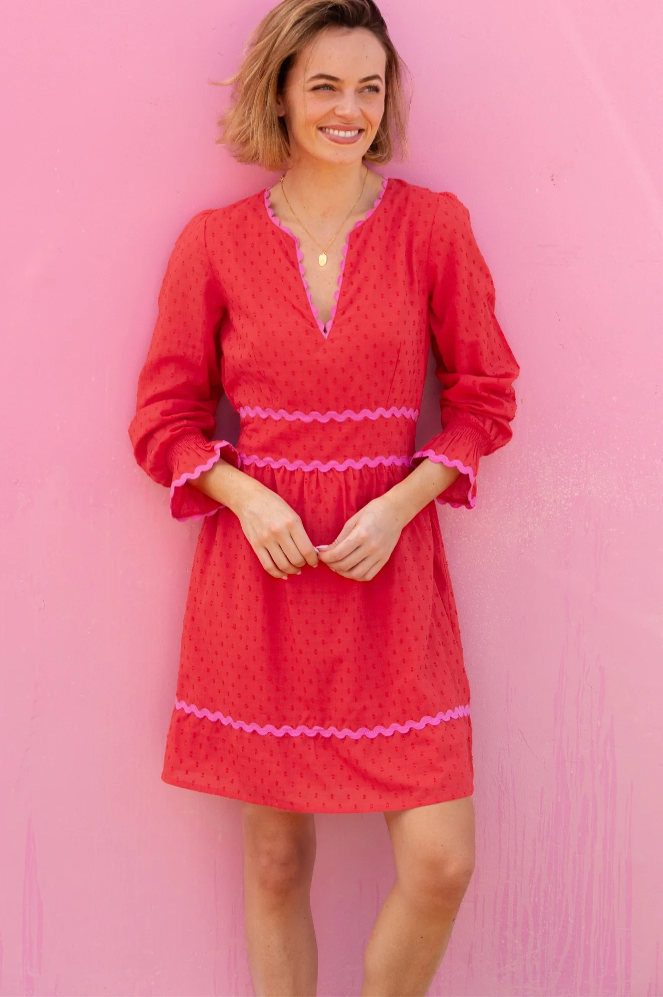 Short Purdie Organic Cotton Ric Rac Dobby Dress | Red/Pink
